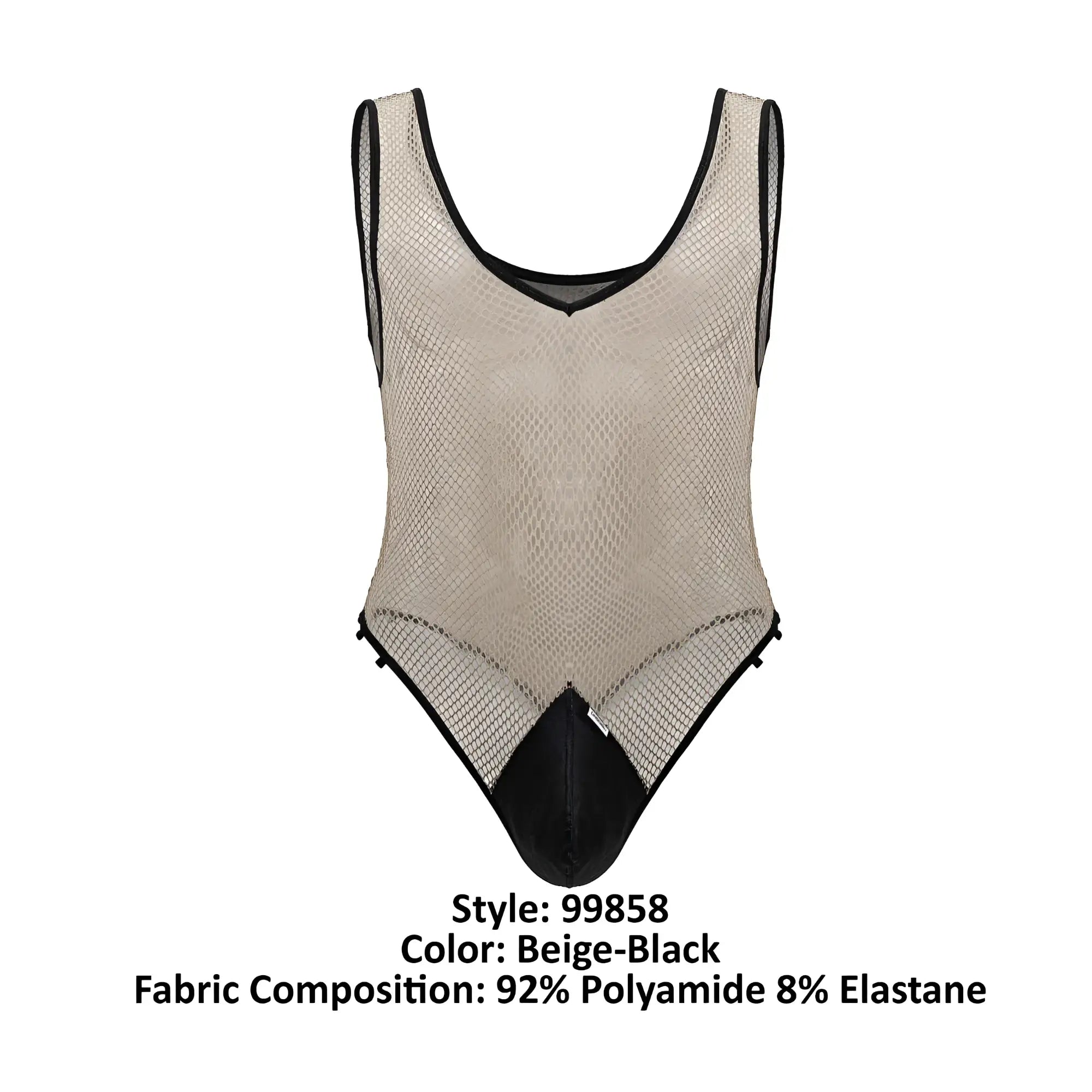 Beigeblack mesh one-piece bodysuit with v-neckline and black trim from Candyman 99858 fishnet collection