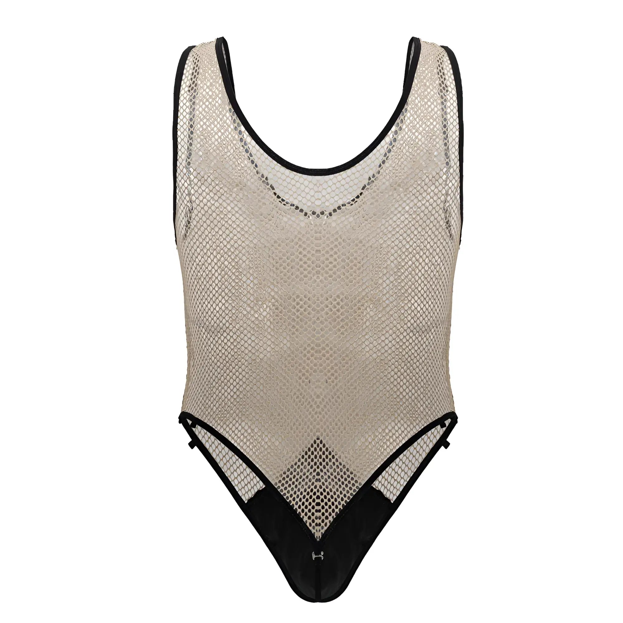 Beige mesh one-piece fishnet bodysuit with black trim and subtle geometric pattern by candyman model 99858