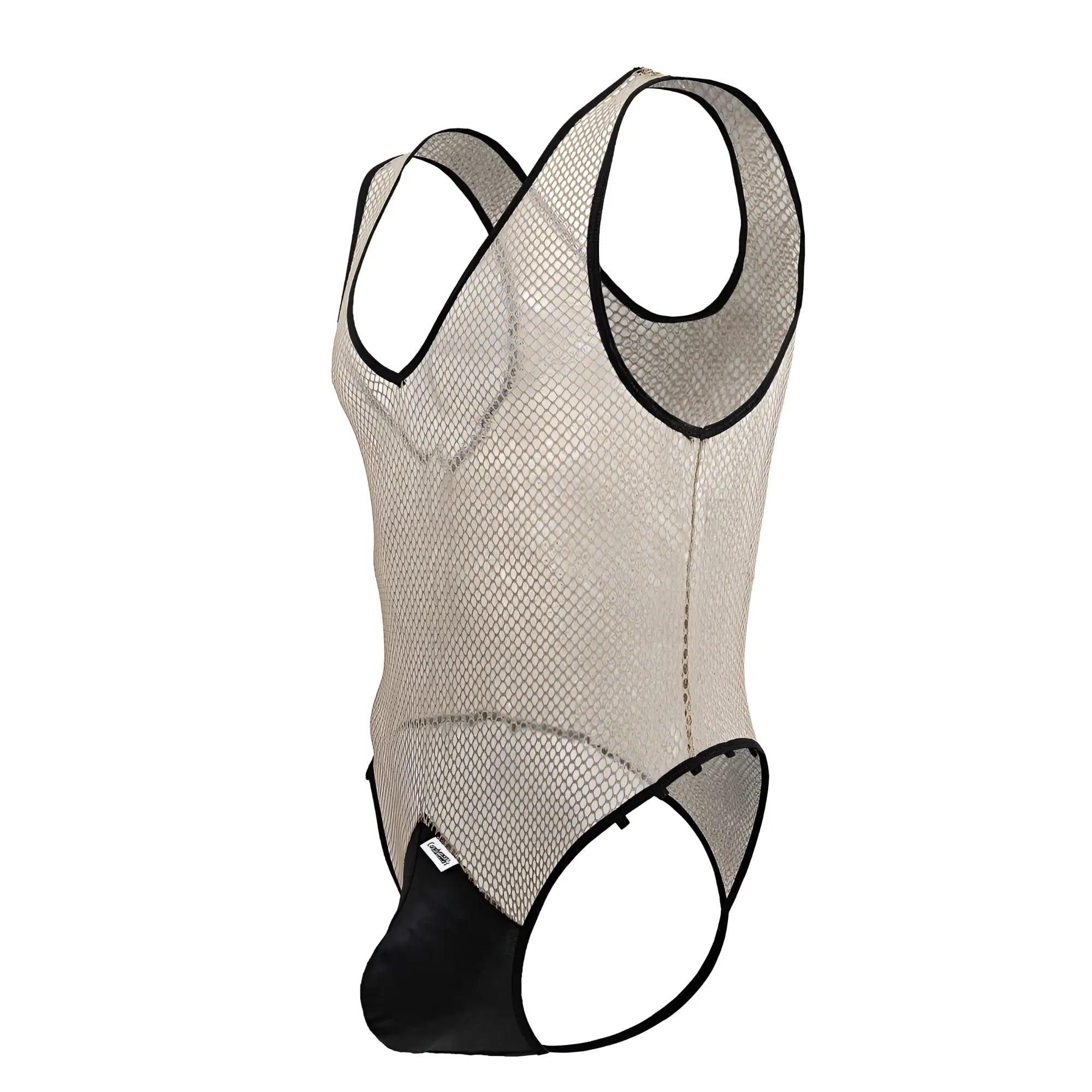 CandyMan 99858 fishnet bodysuit in beige mesh with black trim and solid black crotch panel for stylish wear
