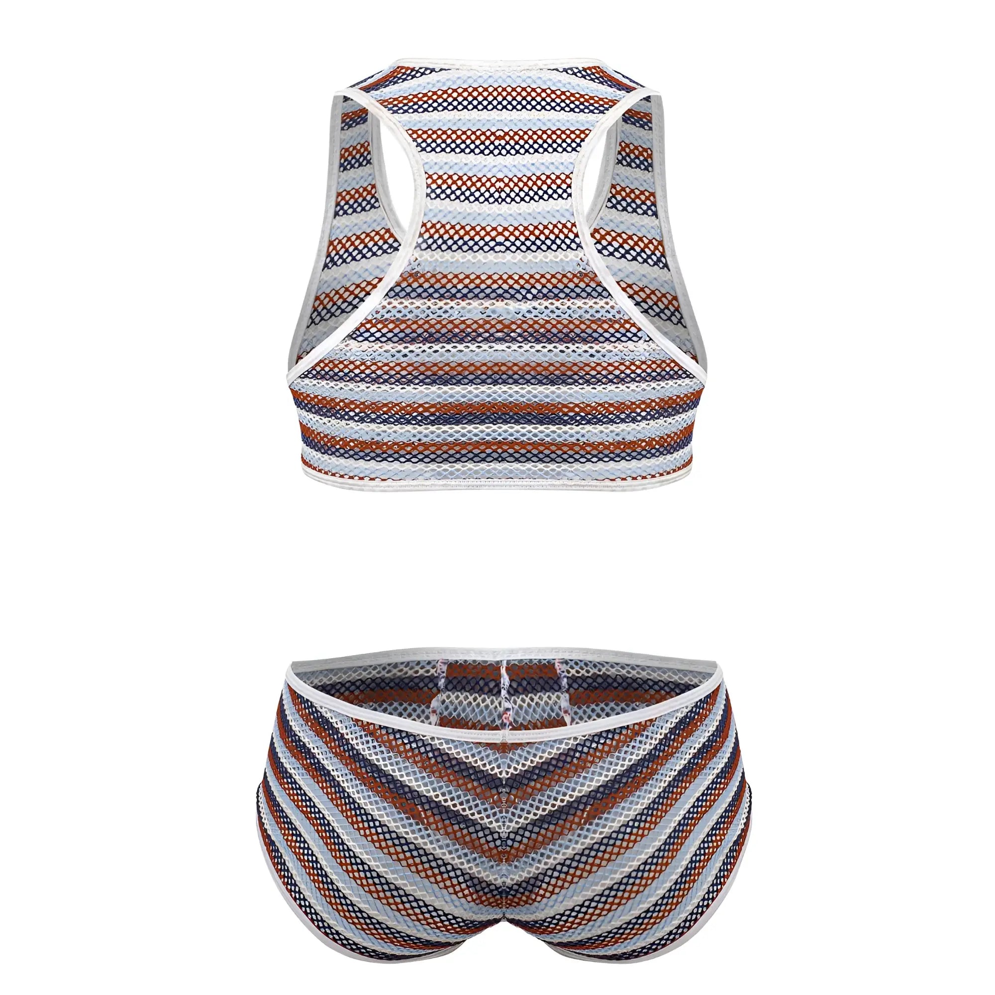 CandyMan 99859 two piece outfit with brown navy blue and white striped mesh fabric for casual wear