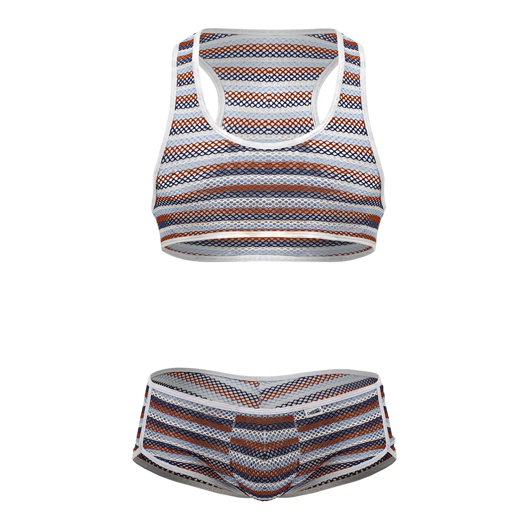 CandyMan 99859 two piece outfit color stripes striped mesh sports bra and matching briefs in white navy blue and rust orange