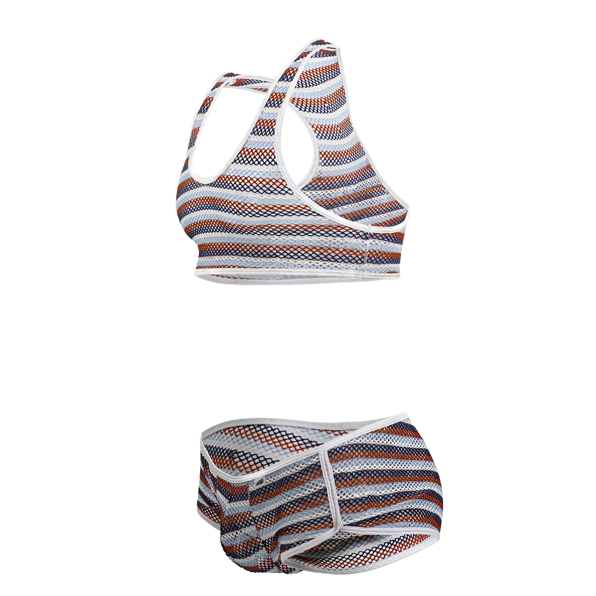 Striped mesh sports bra and matching briefs in white navy blue and rust orange candyMan 99859 two piece outfit color stripes