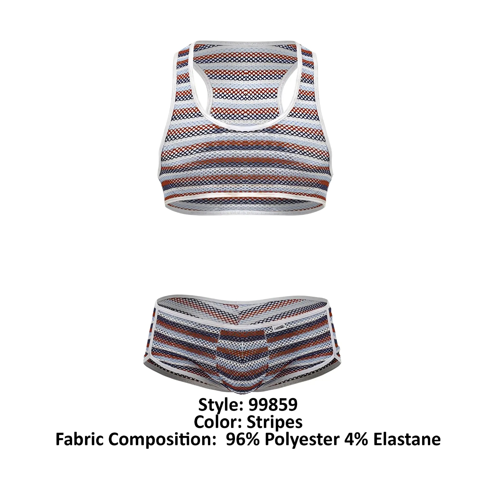 CandyMan 99859 two piece outfit with striped white navy blue and rust mesh tank top and matching briefs