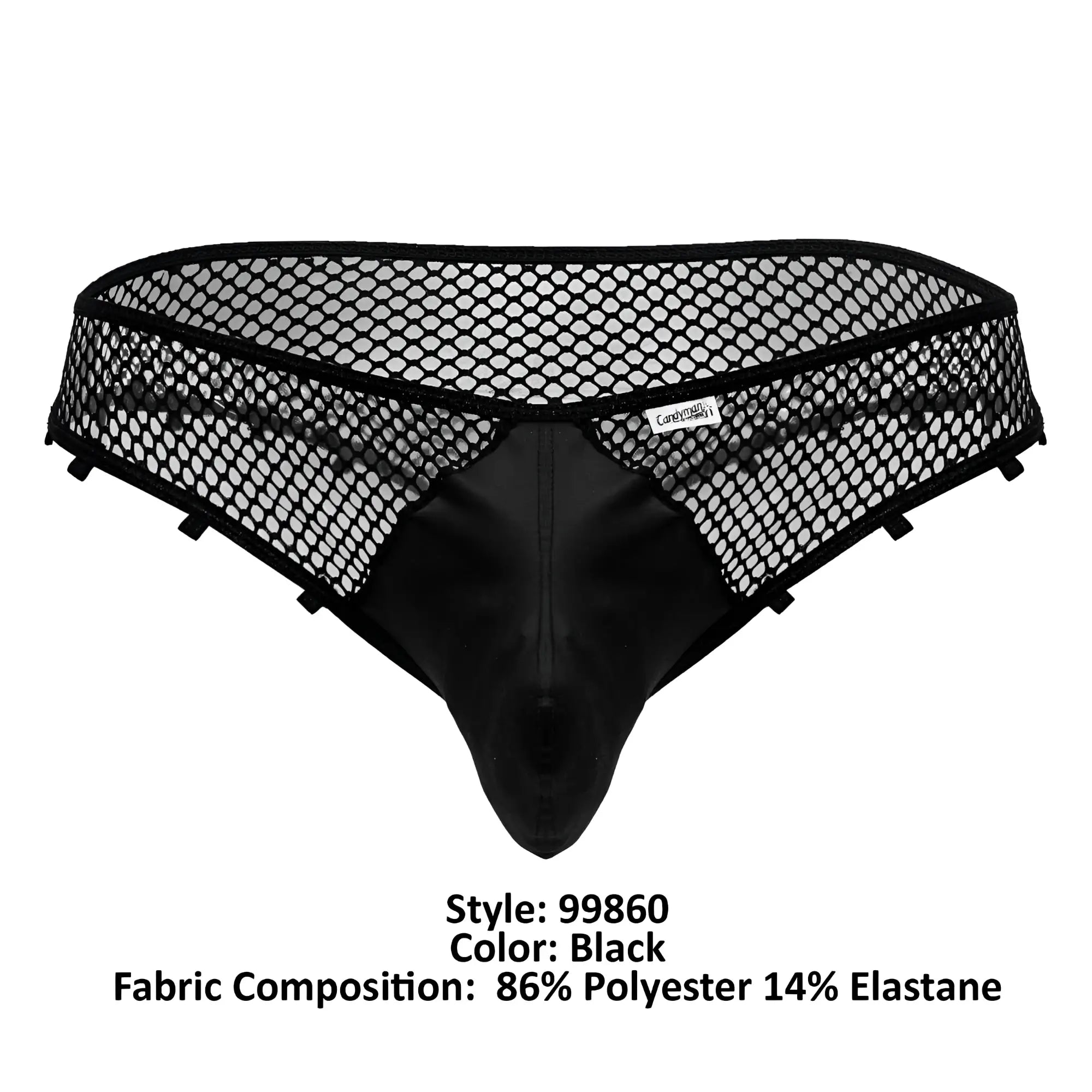 CandyMan 99860 fishnet thongs in black feature a black mesh and satin brief with a central solid panel