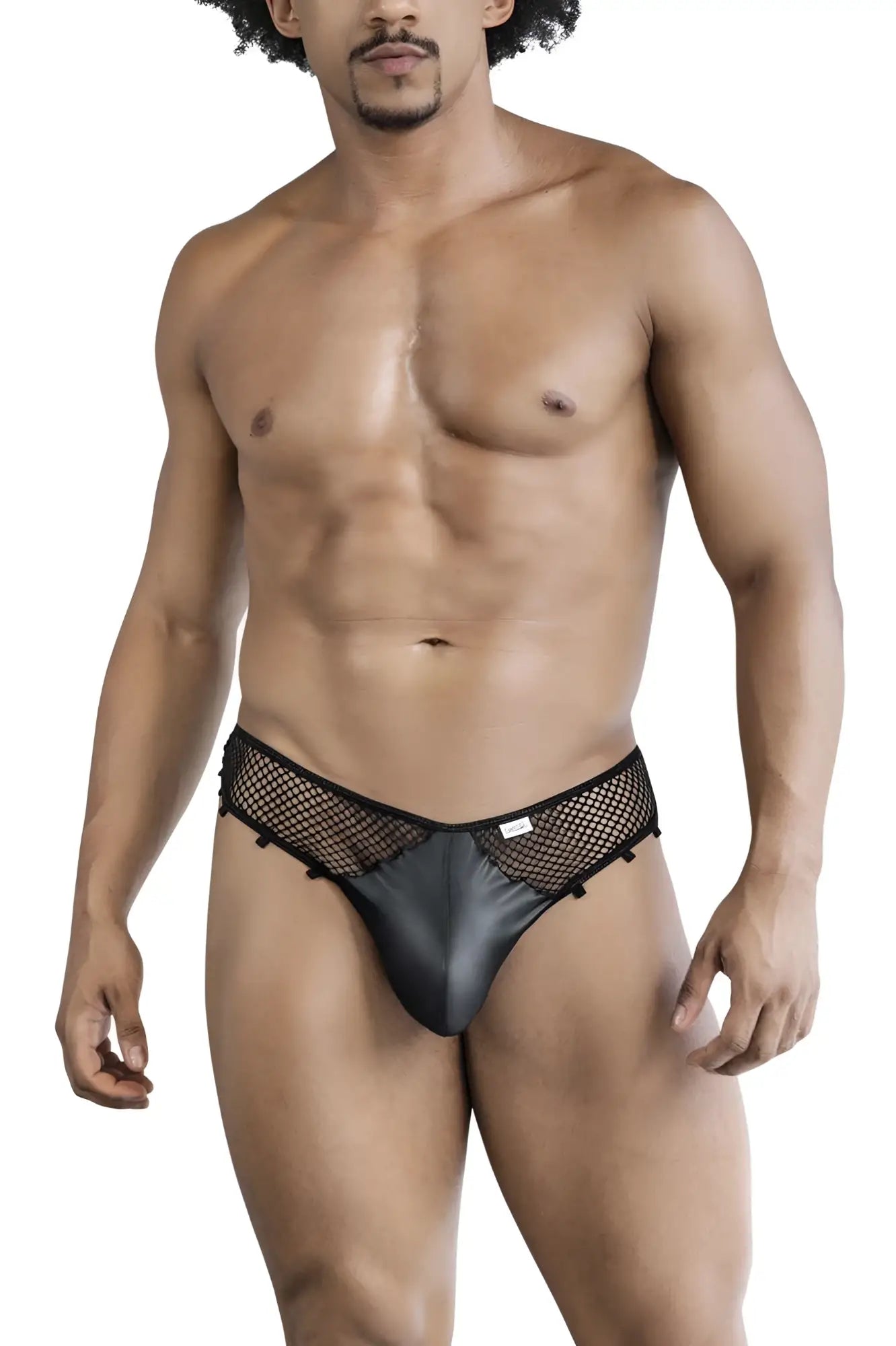 Black mesh and satin briefs candyMan 99860 fishnet thongs featuring a sleek modern design in black color
