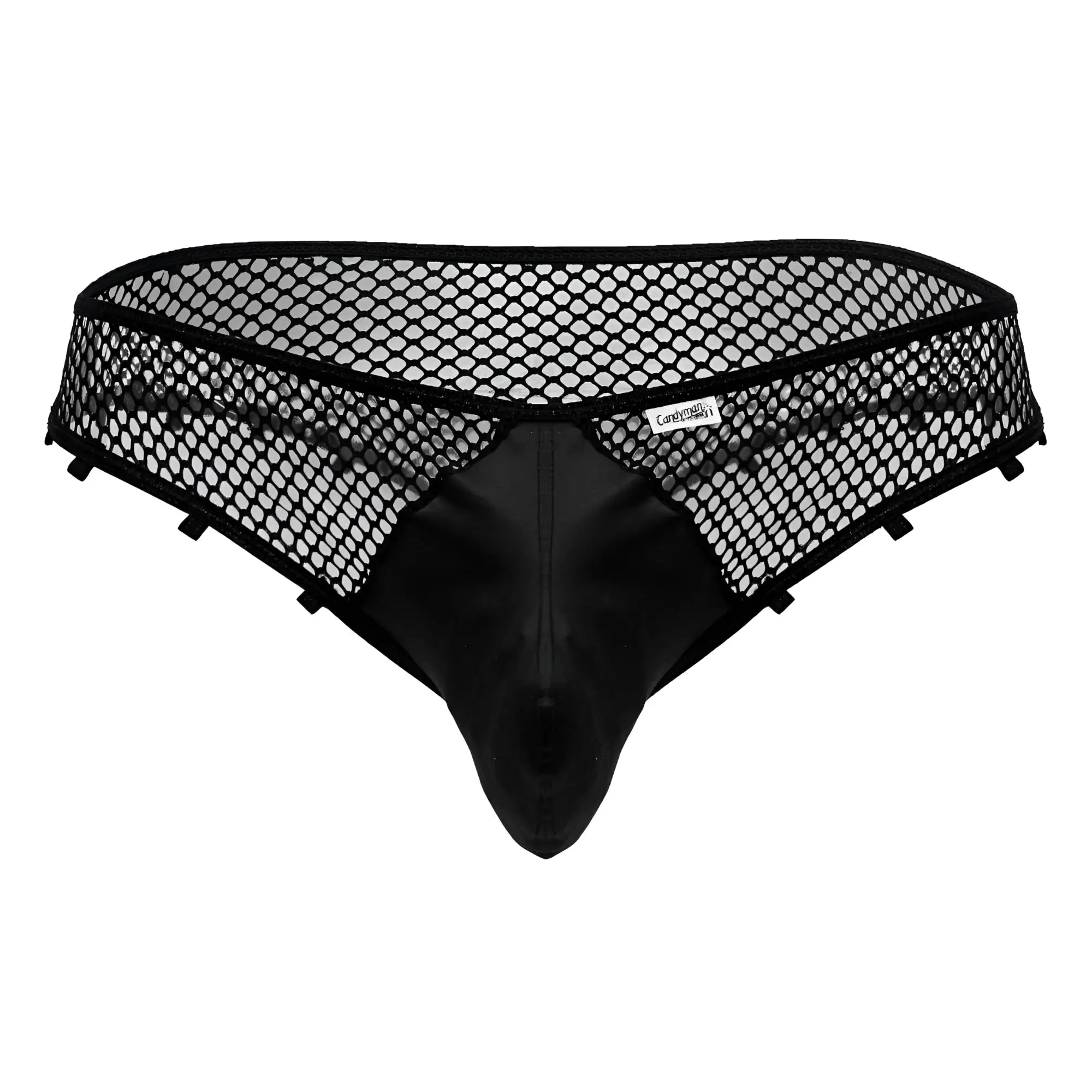 CandyMan 99860 black fishnet thongs with solid front panel mesh briefs and adjustable side tabs for a secure fit