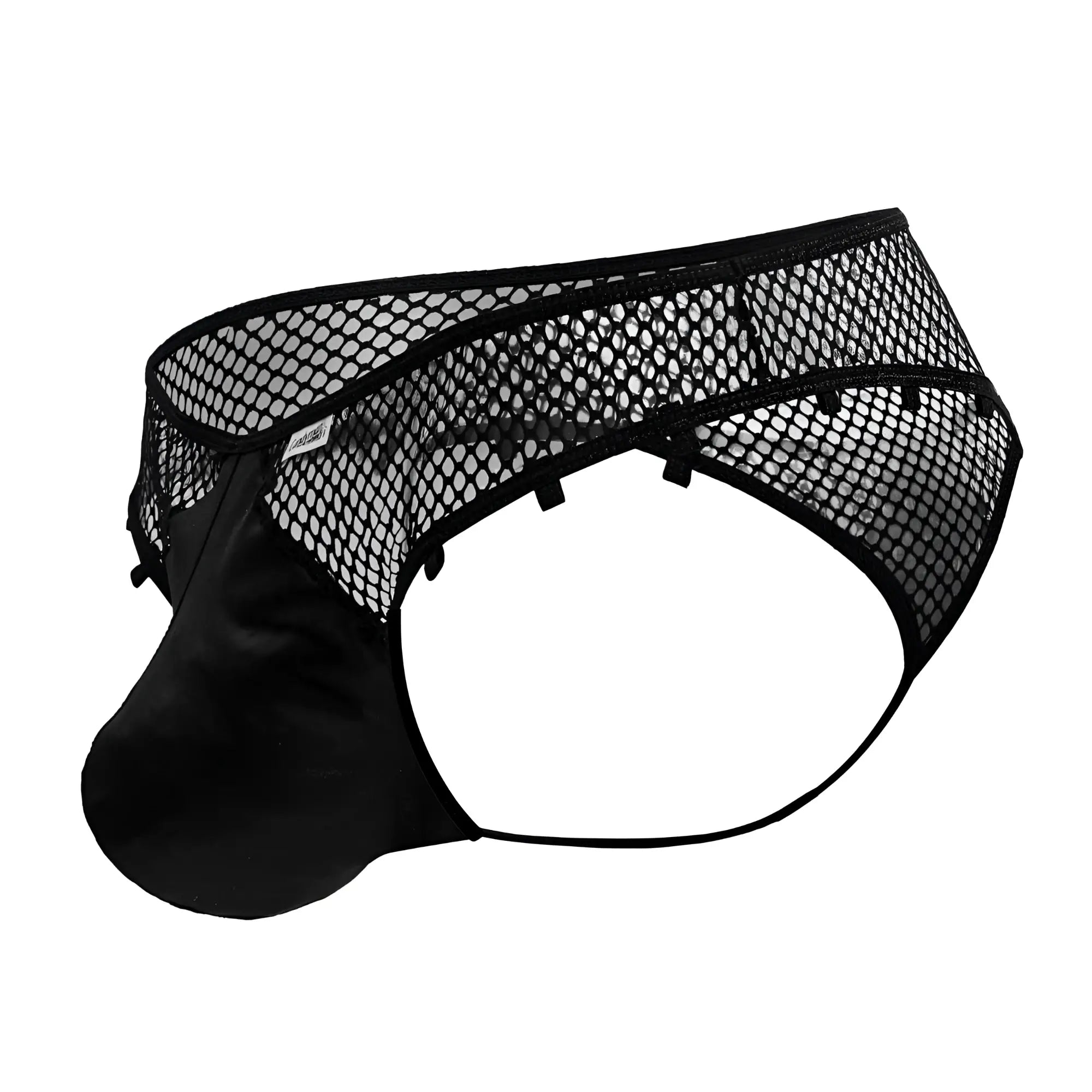 Candyman 99860 fishnet thongs in black featuring black mesh briefs with satin-like pouch and adjustable straps