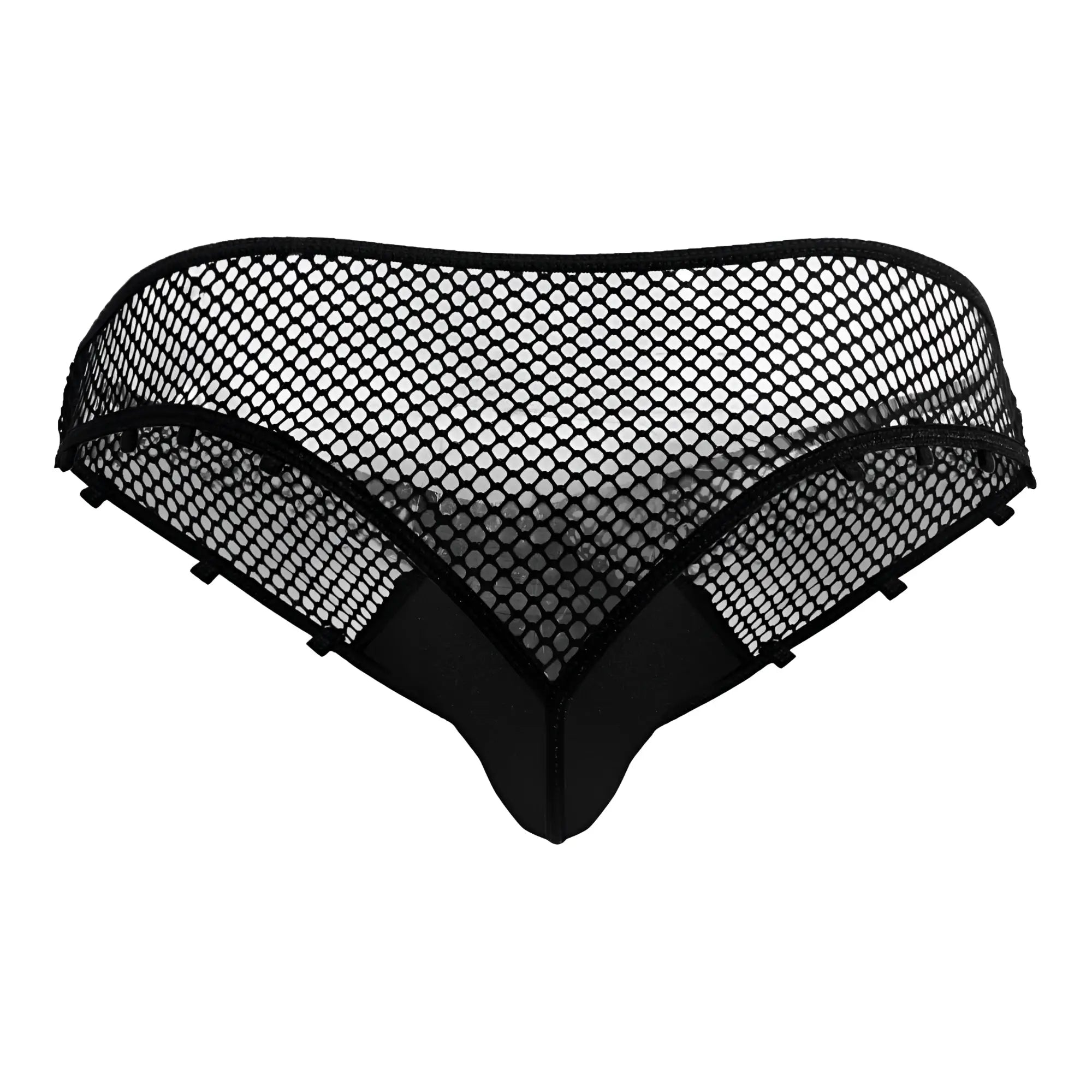 Black mesh thong with solid fabric back and side panels candyMan 99860 fishnet thong color black back view