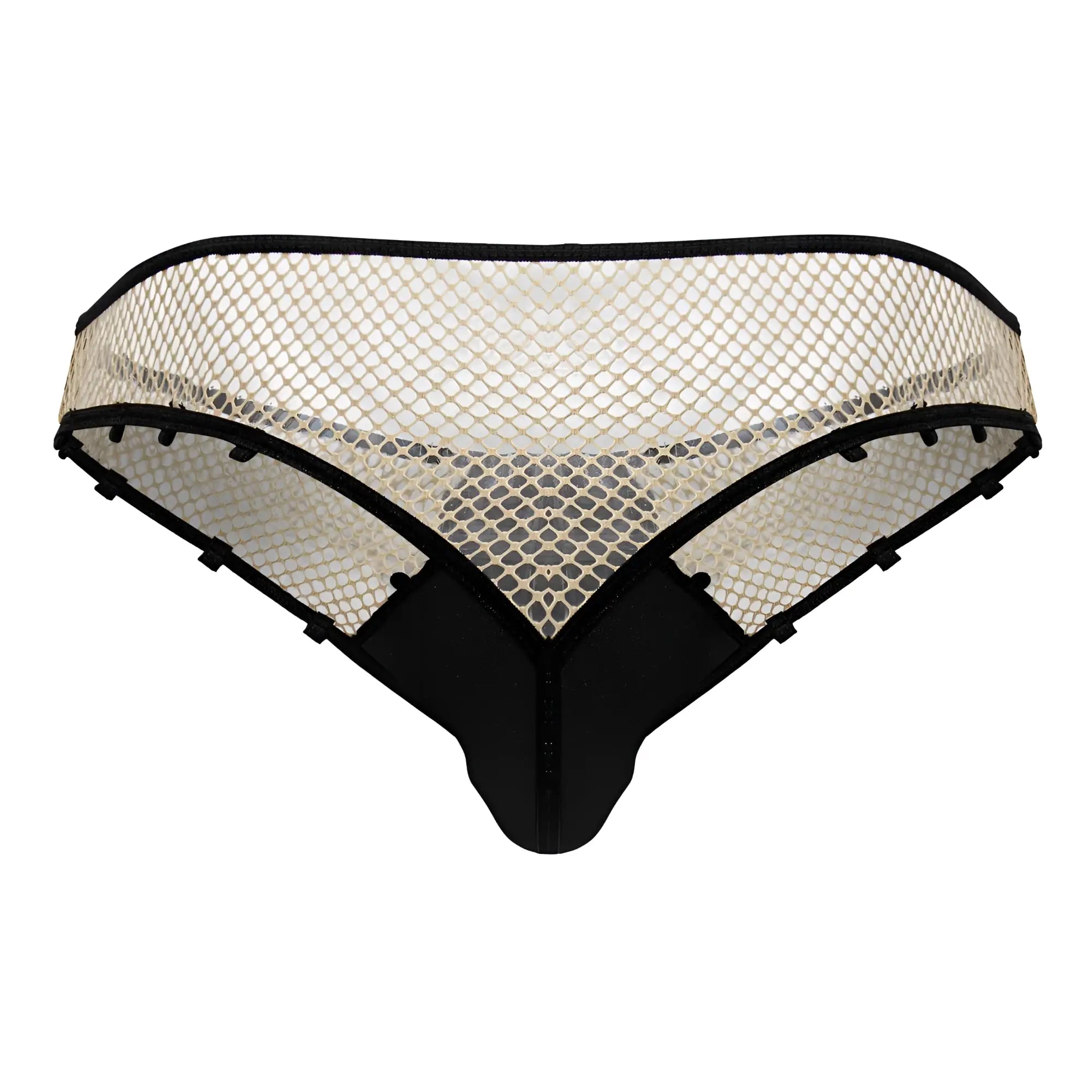 Black and cream mesh thong CandyMan 99860 fishnet thong in nude-black with sleek modern design visible from front
