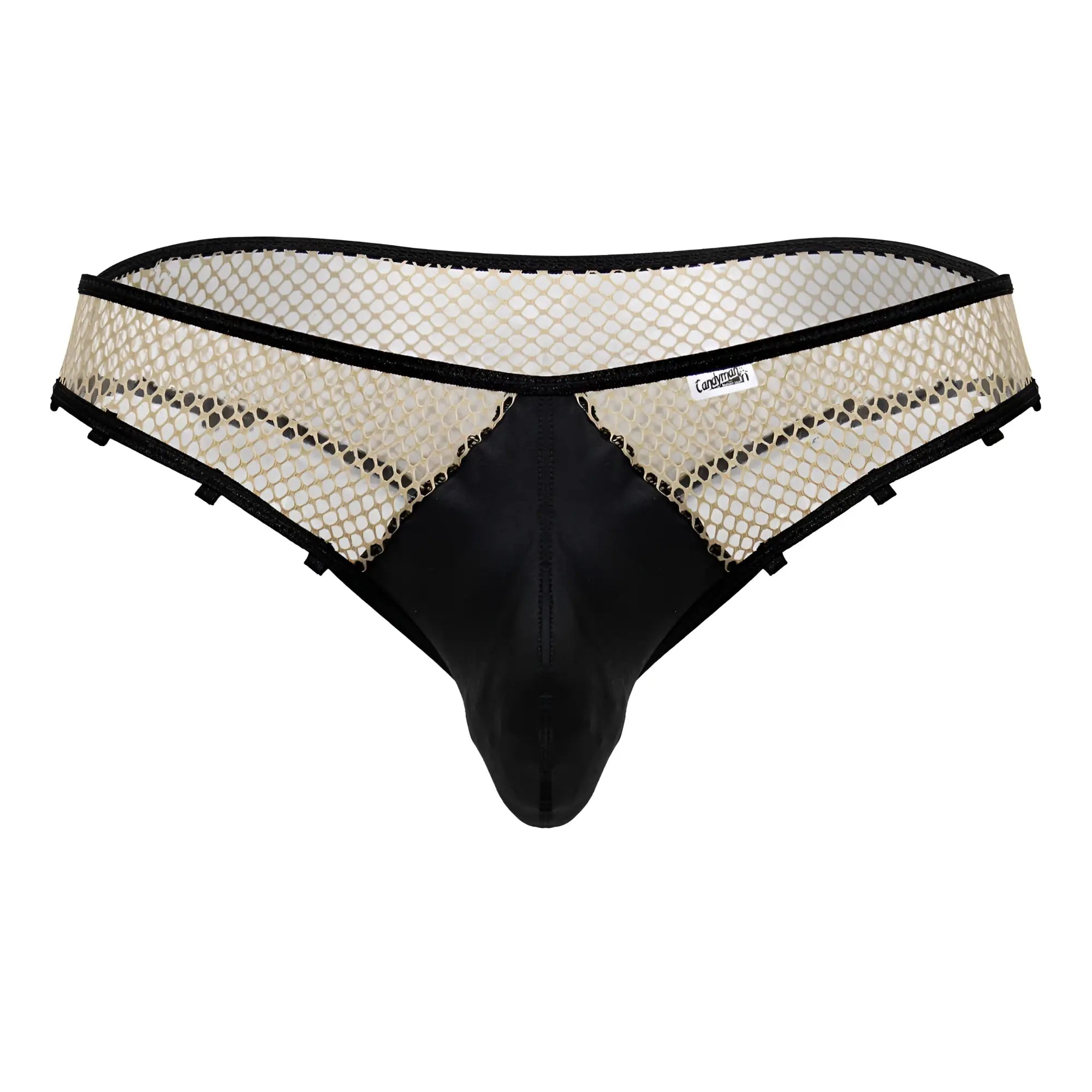 CandyMan 99860 fishnet thongs in nude black with black mesh briefs and solid front panel with beige netting