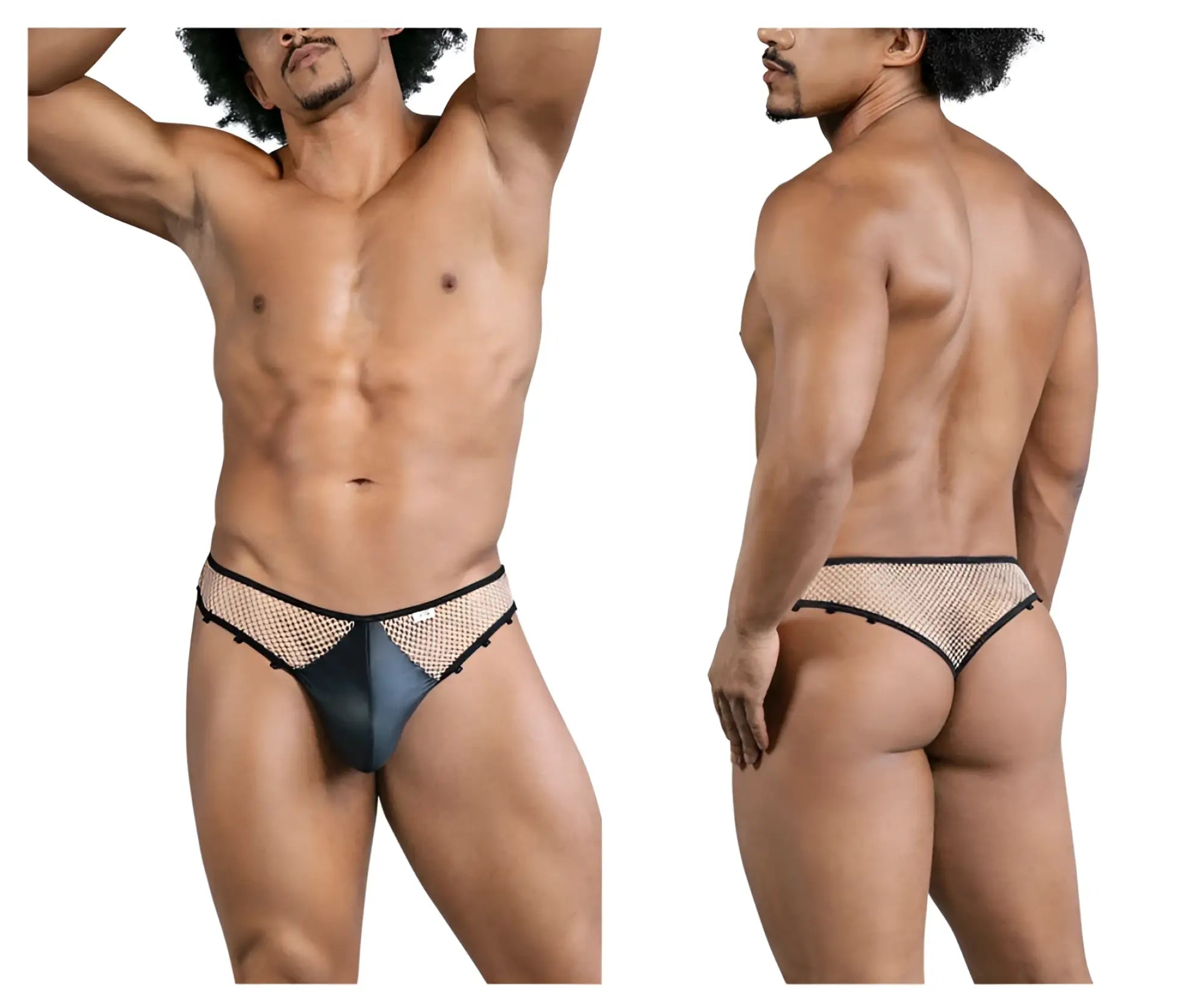 Black mesh thong candyMan 99860 with sleek form-fitting design and subtle shimmering accents in nude-black color