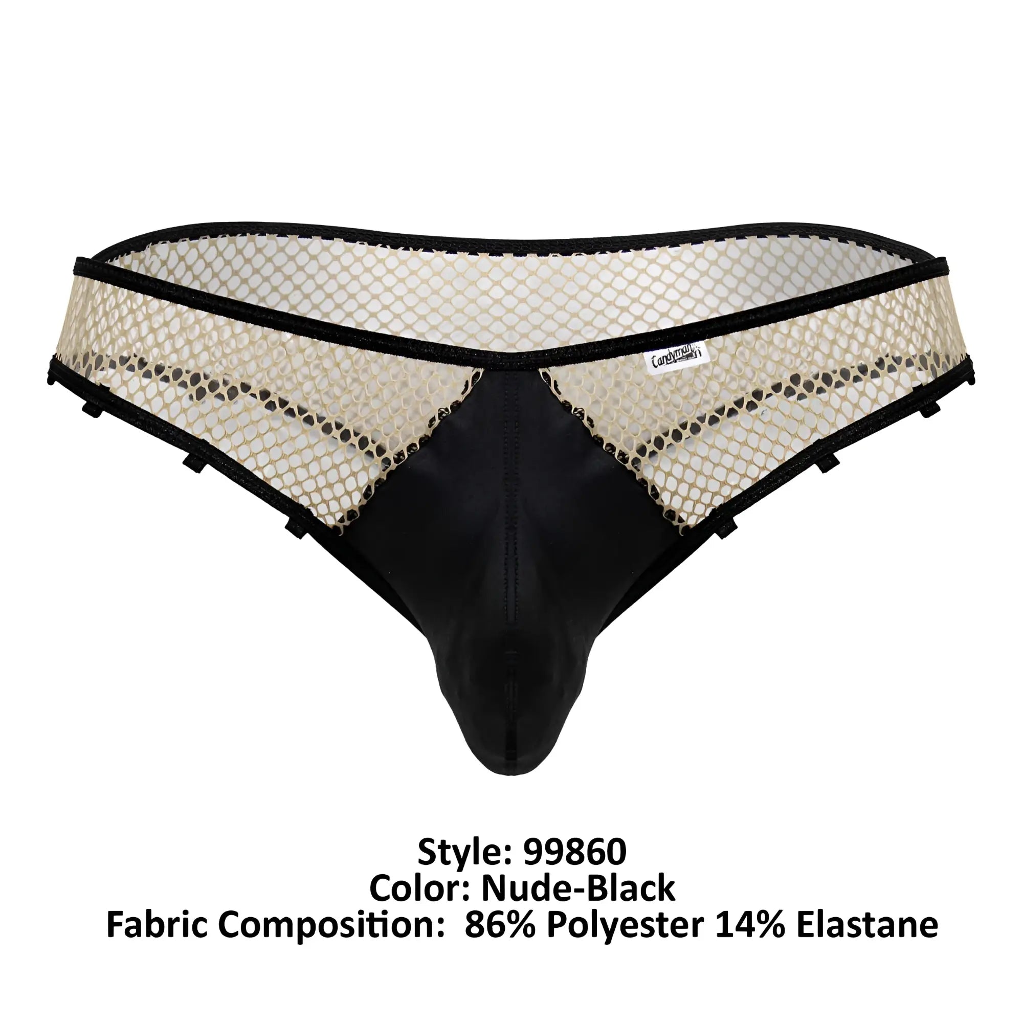 Candyman 99860 fishnet thong in nude and black with a solid black front panel and mesh sides