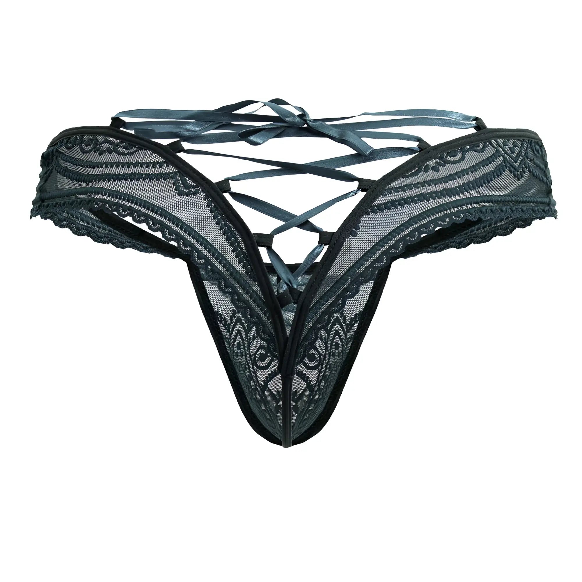 Green Candyman 99861 lace thong featuring intricate floral patterns and a crisscross ribbon tieback design