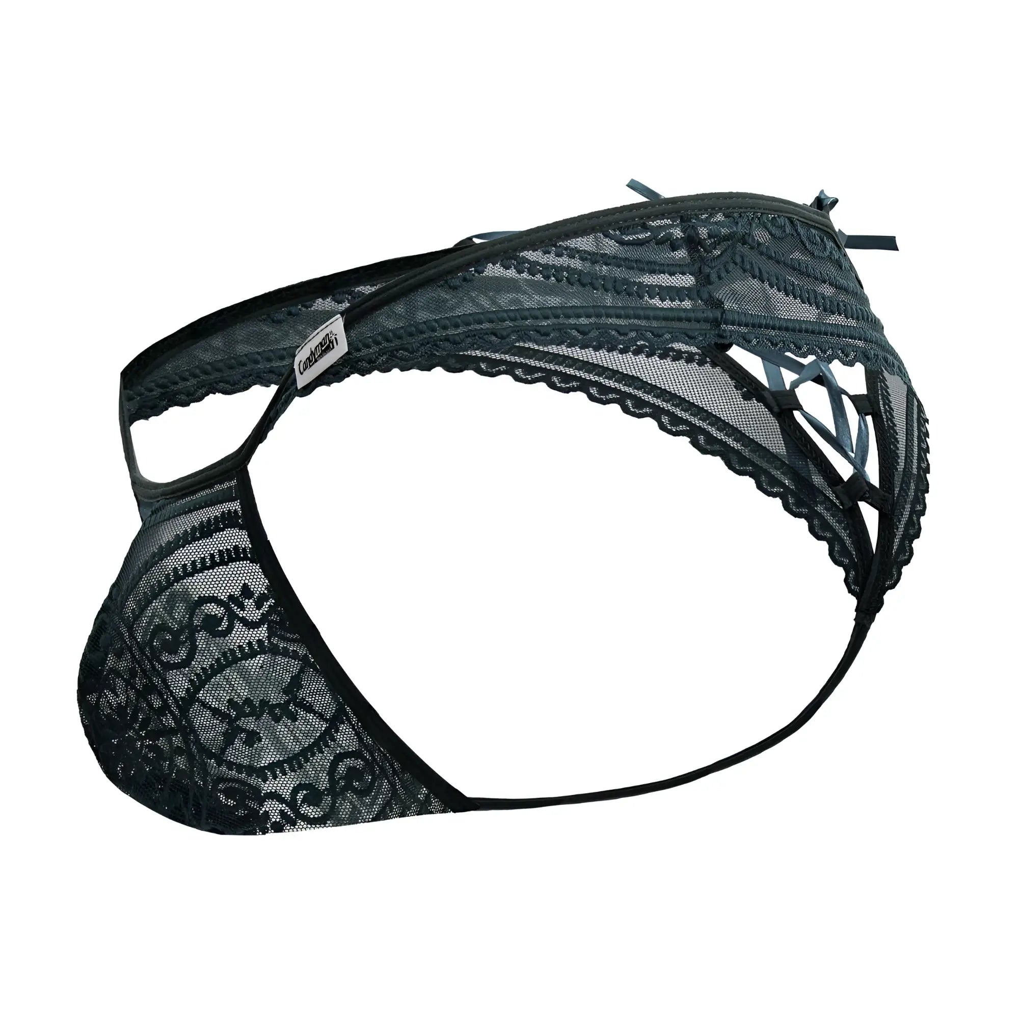 Green candyman 99861 lace thong with intricate floral patterns and sheer mesh design in black lace material