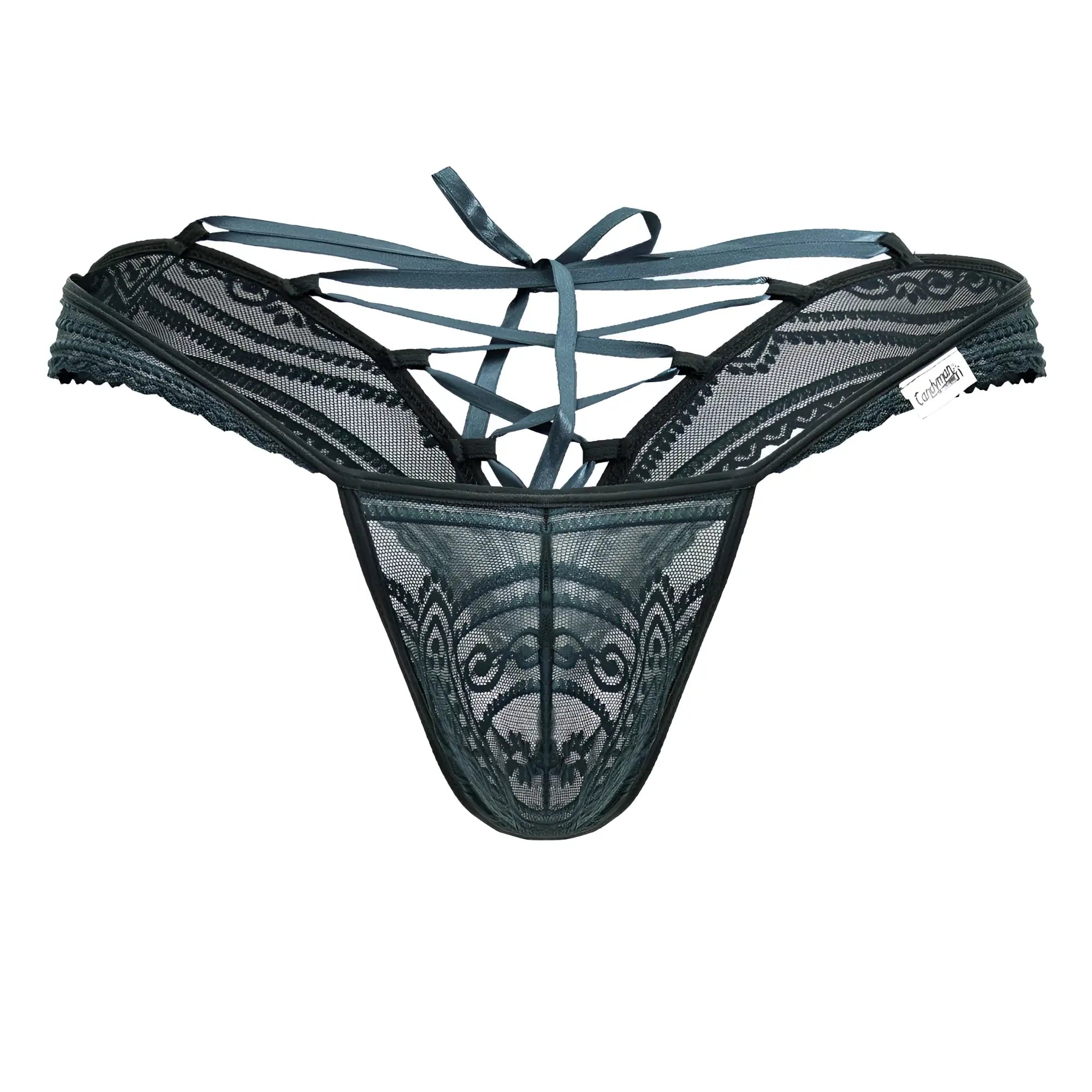 Black lace thong candyMan 99861 in green with intricate patterns and crisscross tie-back design shown from the back