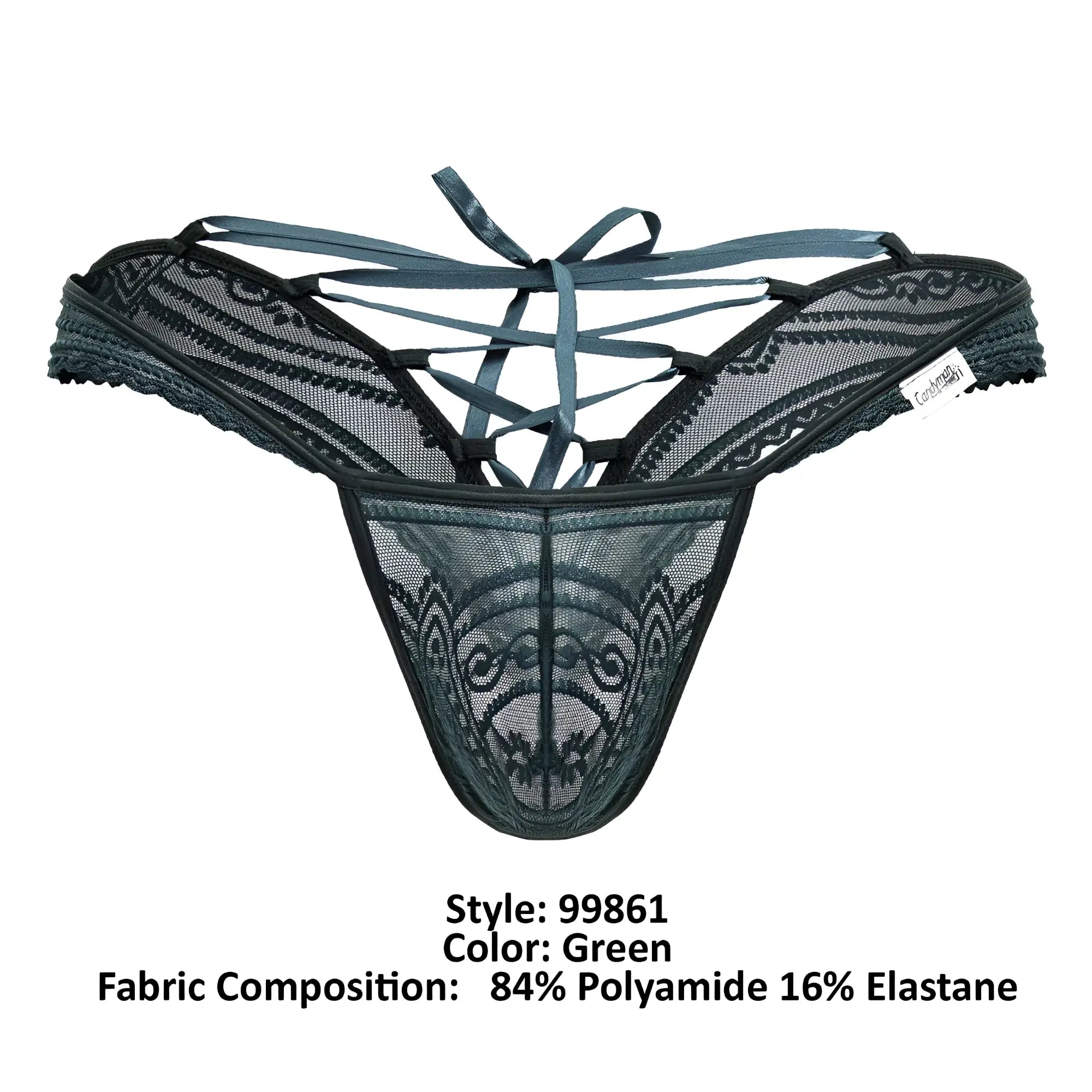 Dark green lace thong candyman 99861 featuring intricate patterns and crisscrossing straps visible from the back