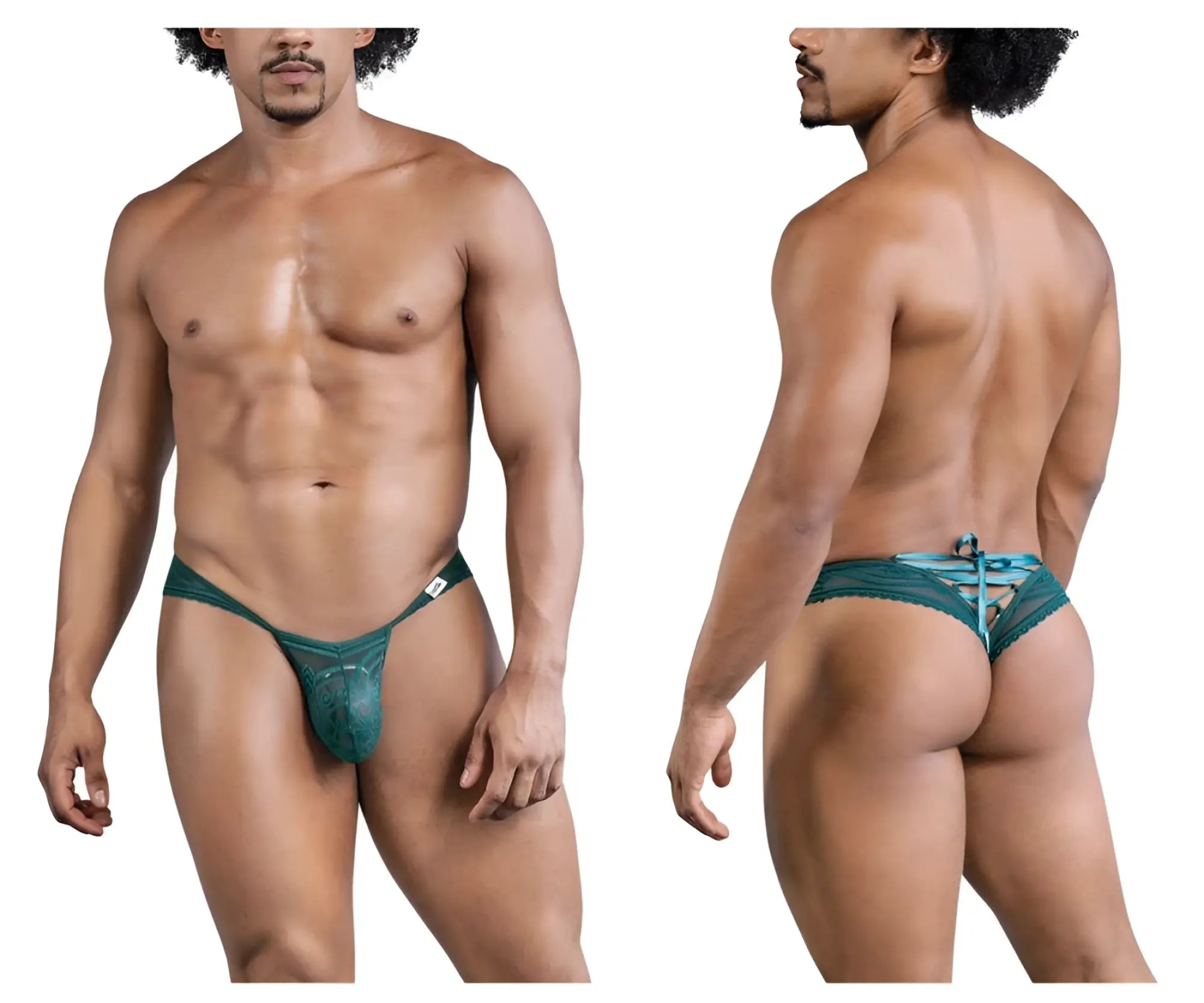 Teal green lace thong candy man 99861 with tied-back design and subtle pattern shown from the back side