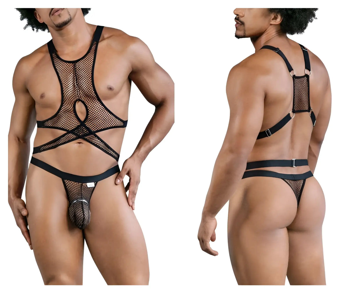 Black mesh CandyMan 99862 fishnet harness-style bodysuit with adjustable straps and central cutout