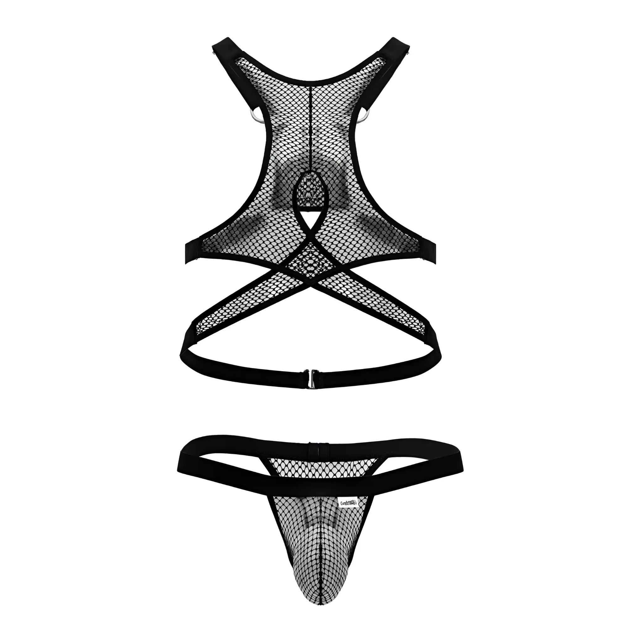 Black candyMan 99862 fishnet harness and thong set with elastic straps and mesh material for bold styling