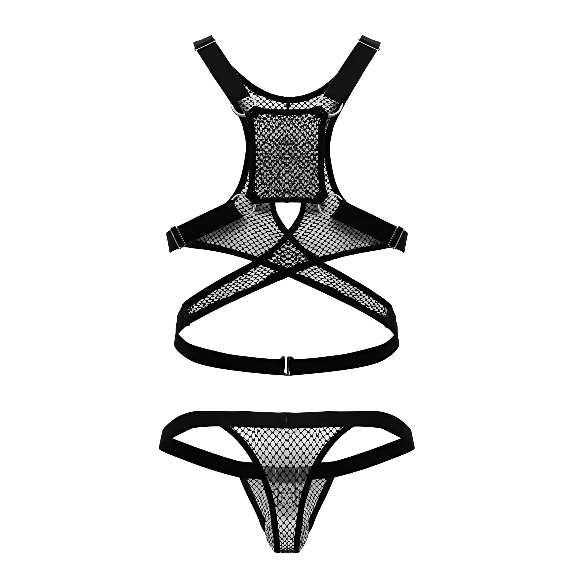 Back side of black mesh fishnet lingerie set with adjustable straps and cross-back design by candyman 99862
