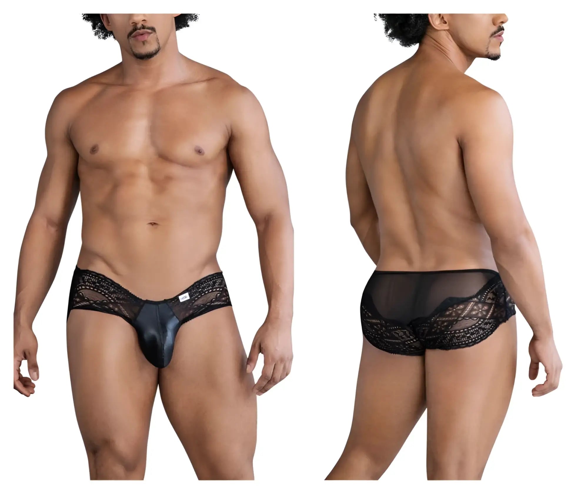 Black lace-trimmed men’s briefs with glossy black front panel candyMan 99863 lace briefs color black