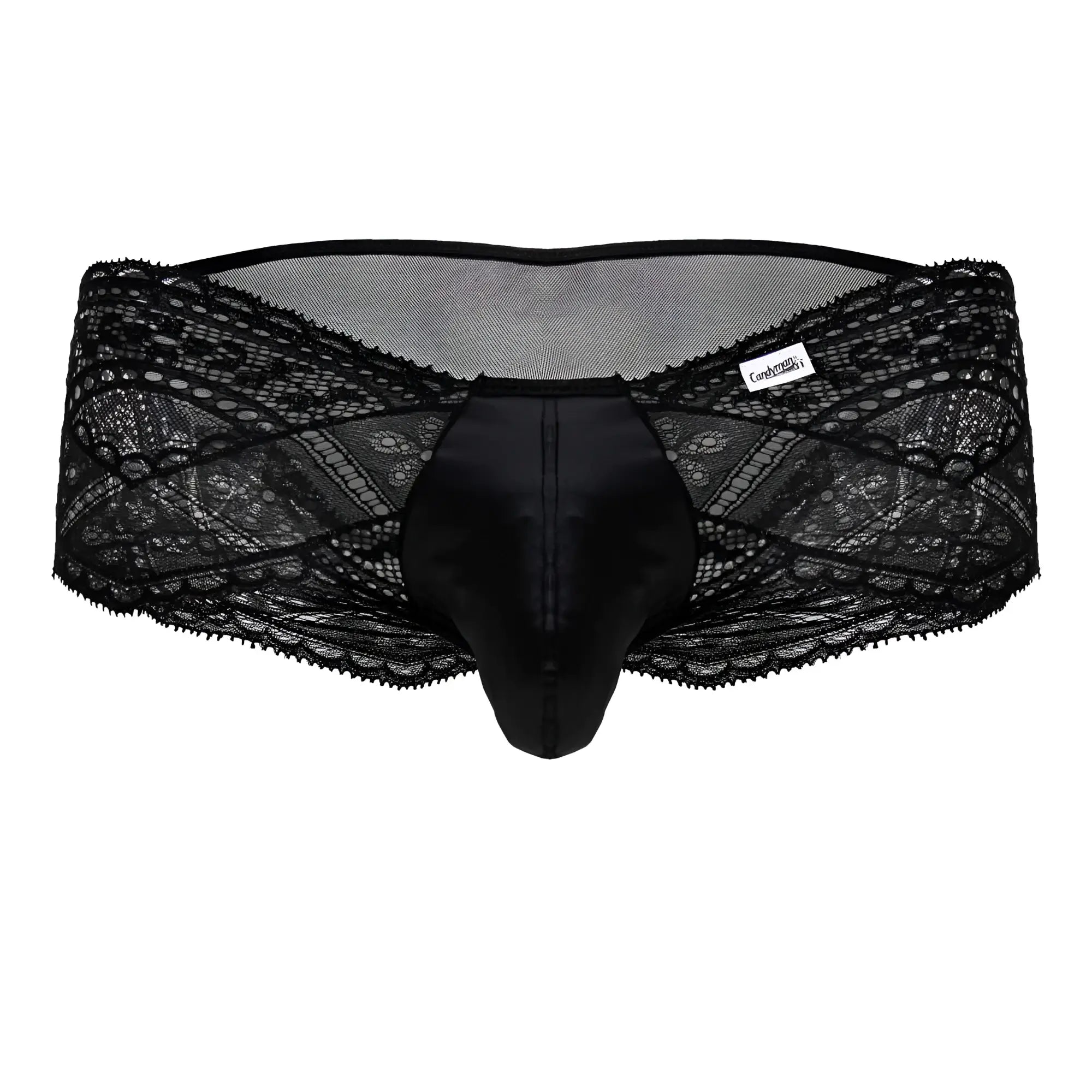 Candyman 99863 black lace briefs with satin front panel and mesh back featuring intricate floral pattern