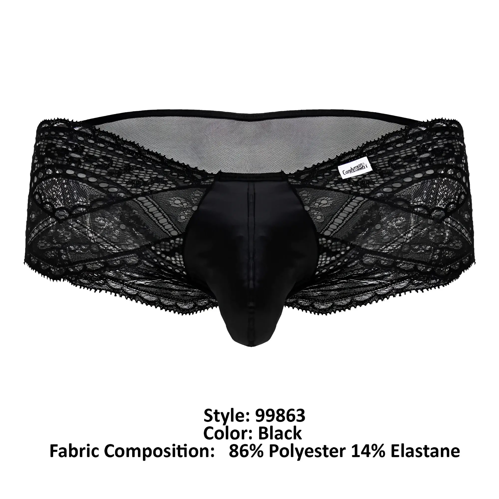 Black lace-trimmed men’s briefs with a satin front panel in black from CandyMan 99863 lace briefs collection