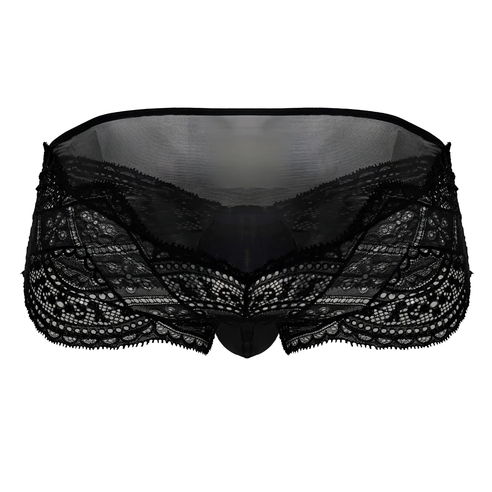 Black candyMan 99863 lace briefs featuring intricate floral patterns and a sheer mesh back design