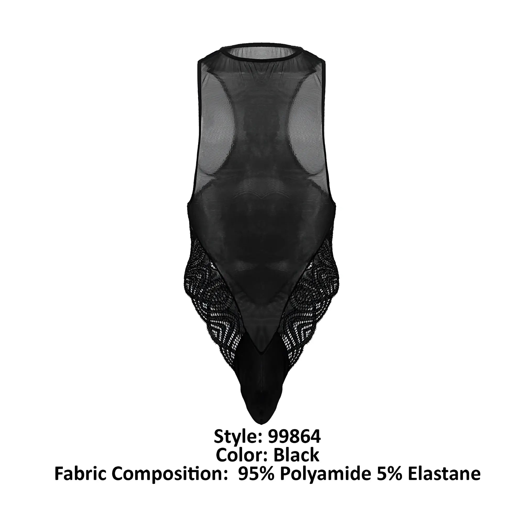 Black sheer mesh bodysuit candyMan 99864 with intricate lace detailing along the sides and bottom