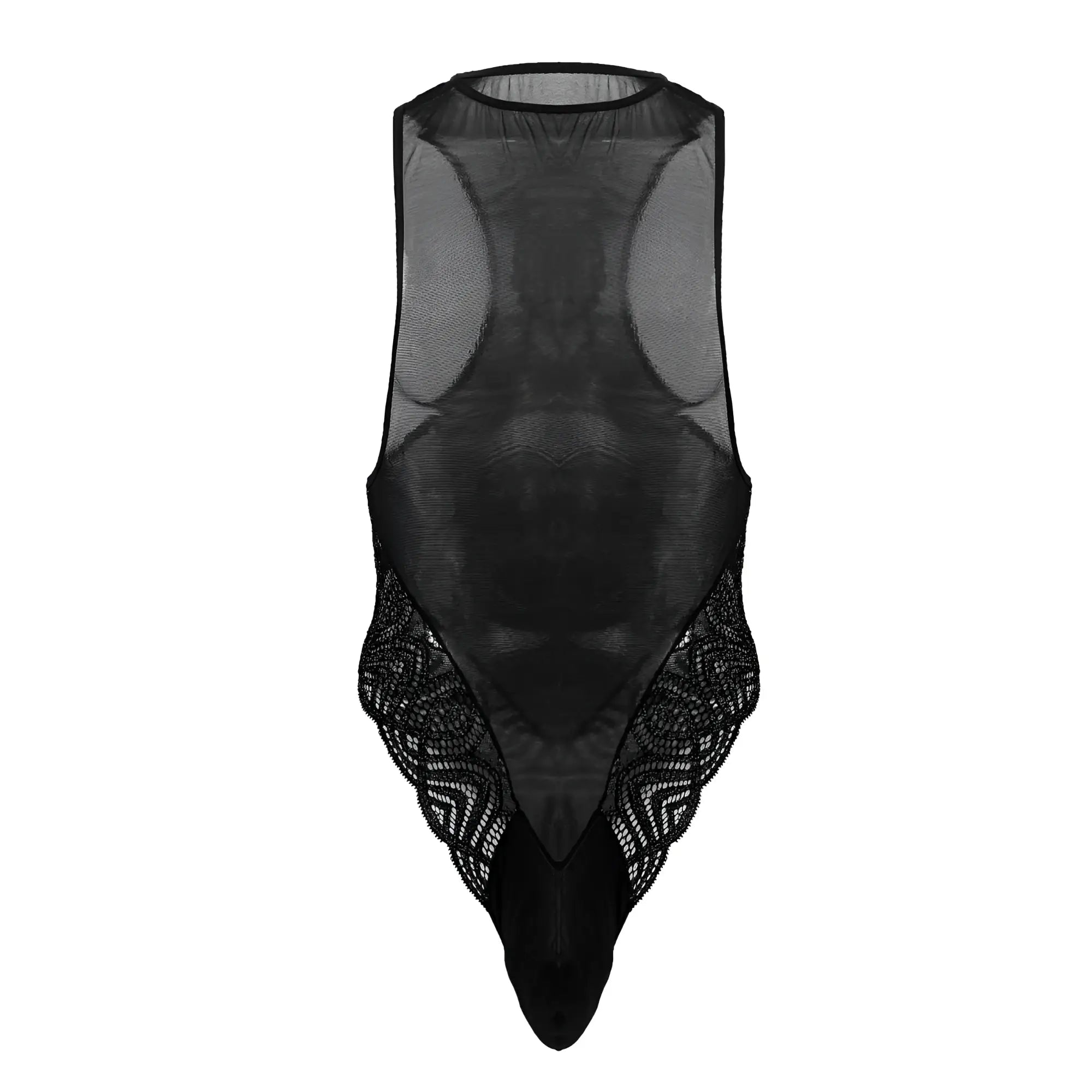Black sheer mesh bodysuit by candyman with intricate lace detailing along sides and bottom in black color