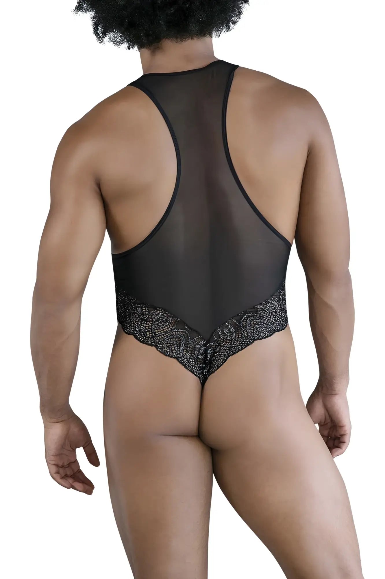 Black candyMan 99864 sheer mesh bodysuit with intricate lace trim at the waistband for elegant lingerie wear