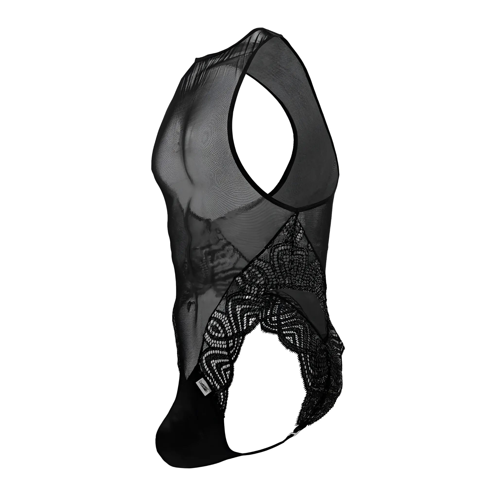 Black sheer mesh men’s bodysuit candyman 99864 with intricate lace sides and solid black bottom panel
