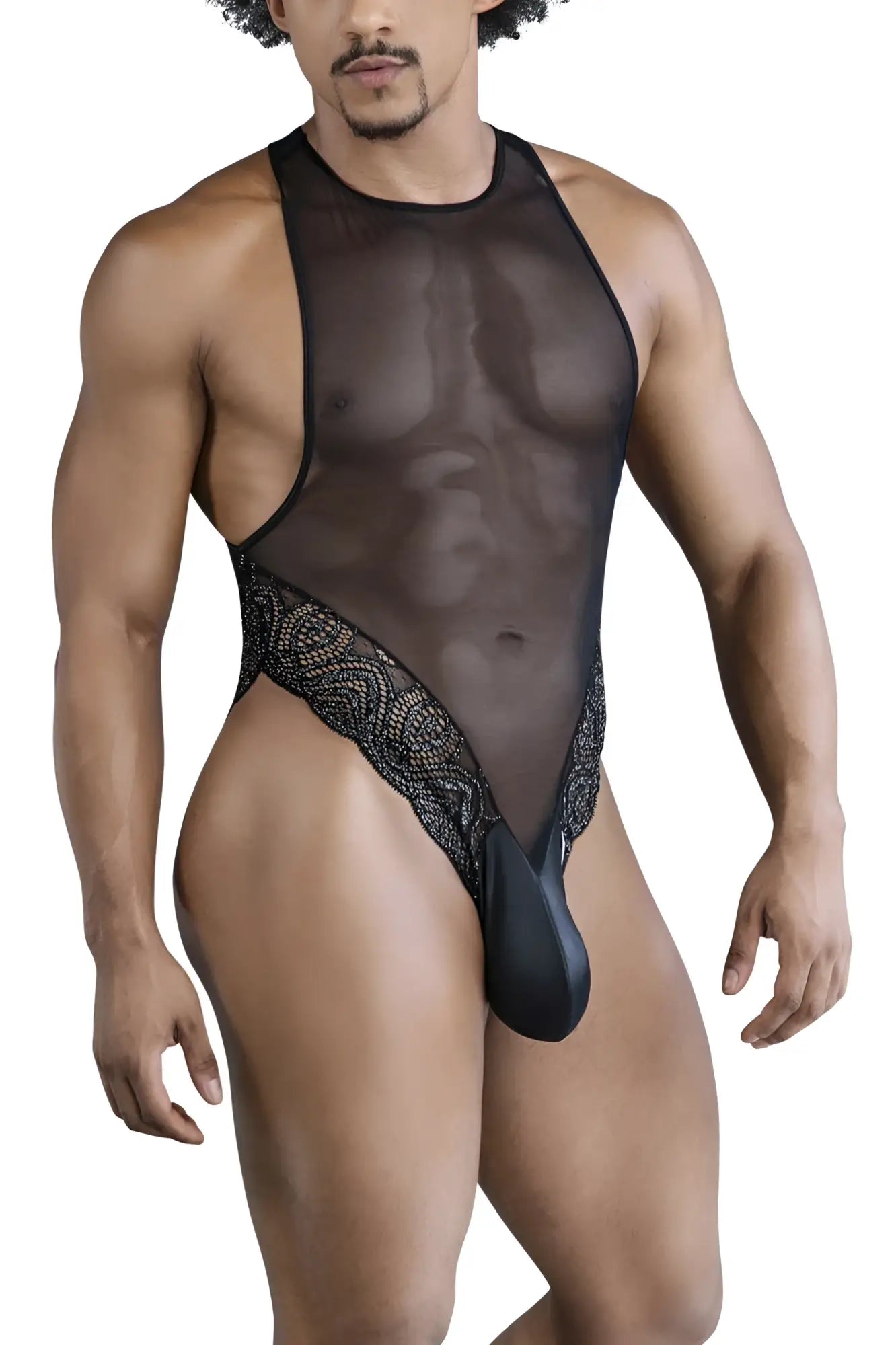 Black sheer mesh one-piece bodysuit with lace trim and solid black pouch candy man 99864 lace-mesh bodysuit