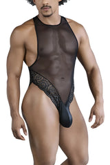 Black sheer mesh one-piece bodysuit with lace trim and solid black pouch candy man 99864 lace-mesh bodysuit