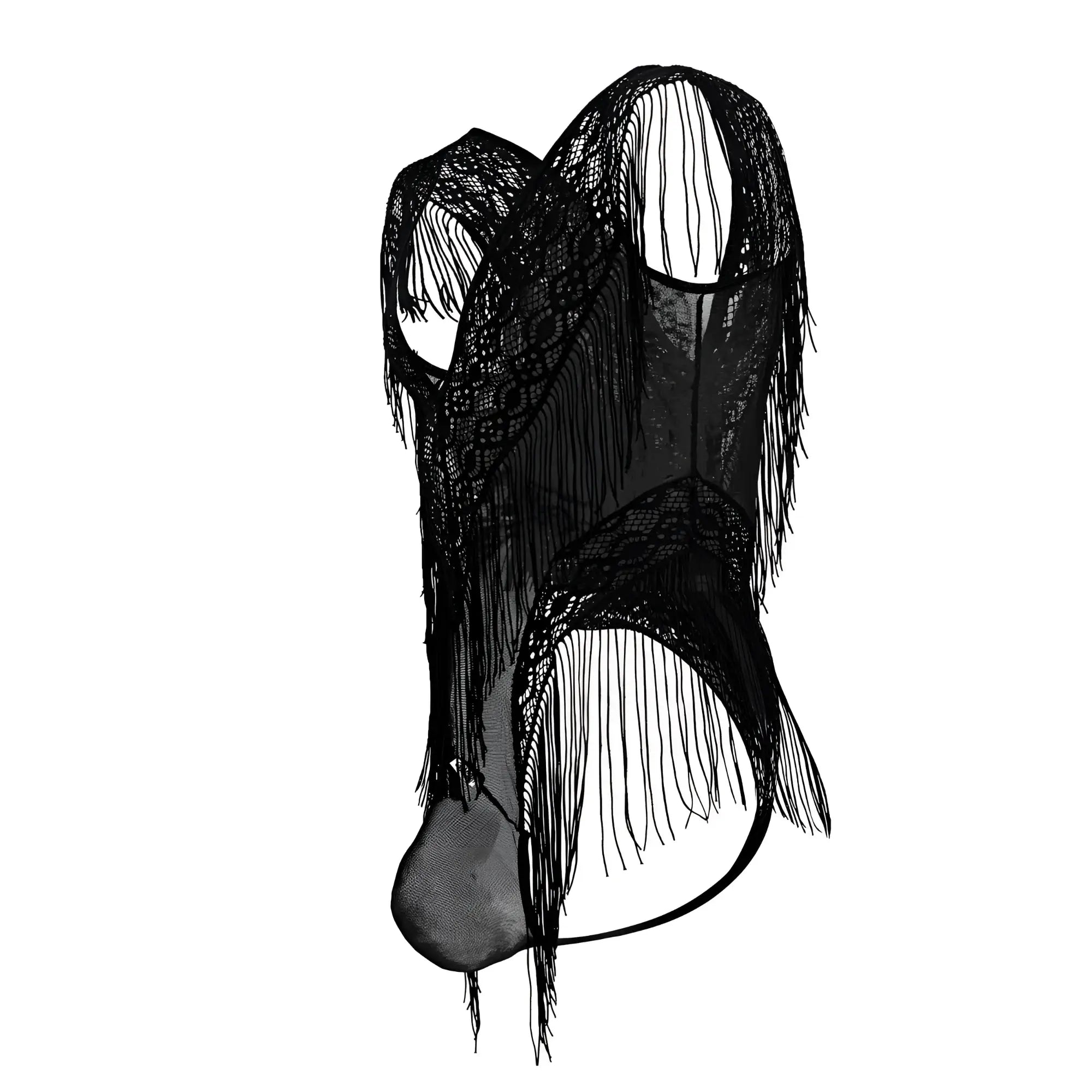 Black lace candyMan 99865 bodysuit with long fringe detailing and mesh fabric for elegant stylish wear