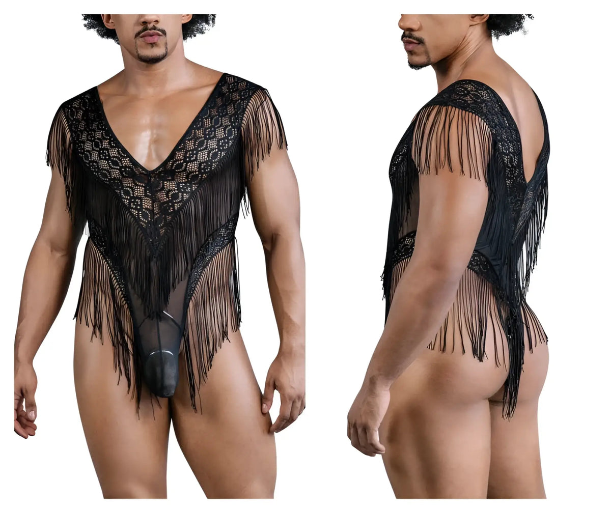 Black lace-mesh bodysuit with fringe detailing in black from CandyMan, style 99865, elegant and stylish design