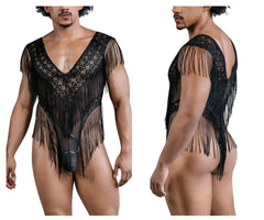 Black lace-mesh bodysuit with fringe detailing in black from CandyMan, style 99865, elegant and stylish design