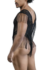 CandyMan 99865 black lace-mesh bodysuit with intricate mesh detailing and cascading fringe tassels in black color