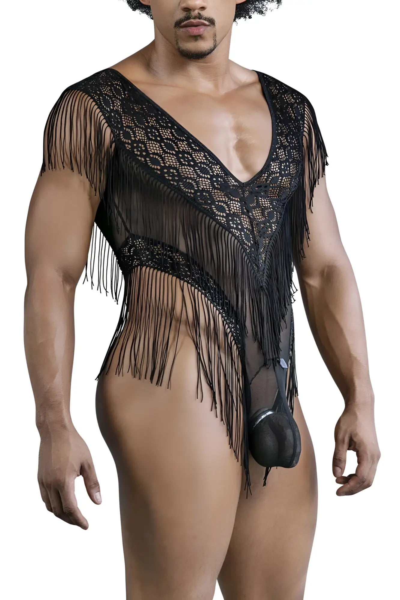 Black lace mesh bodysuit candyMan 99865 with sheer overlay fringe and matching black pouch in black color