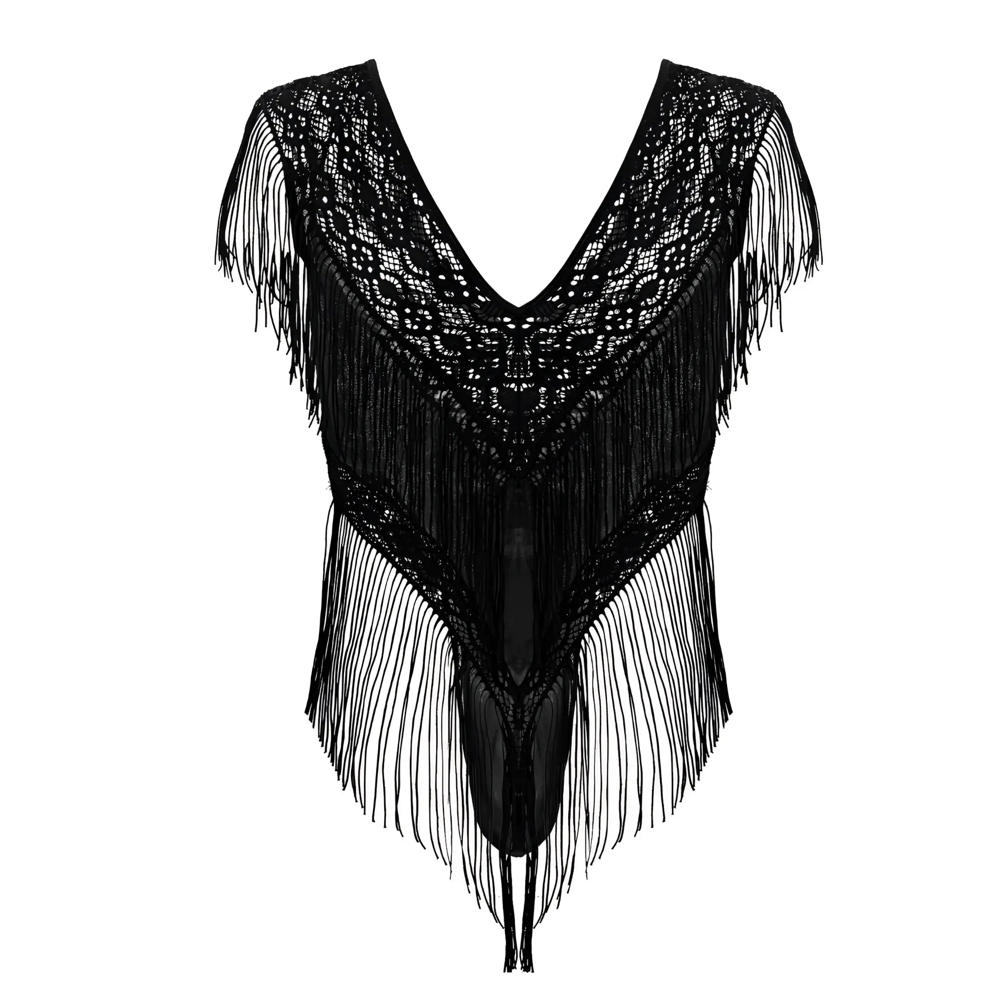 Black lace mesh bodysuit candyMan 99865 with intricate crochet patterns and long fringe detailing in black