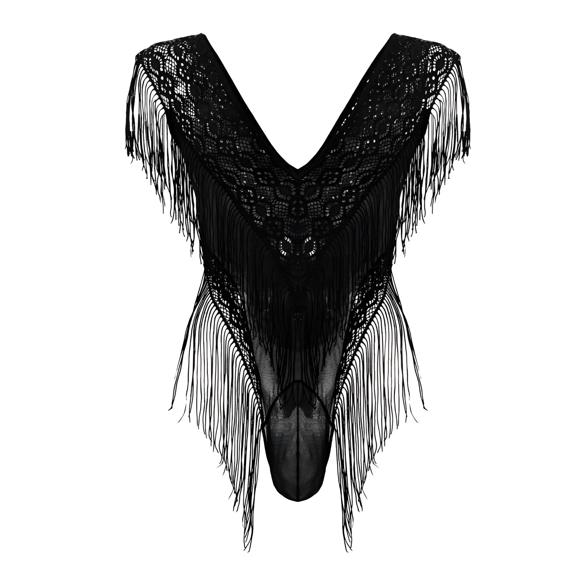 Black lace CandyMan 99865 bodysuit with intricate floral patterns and long flowing fringe along the edges