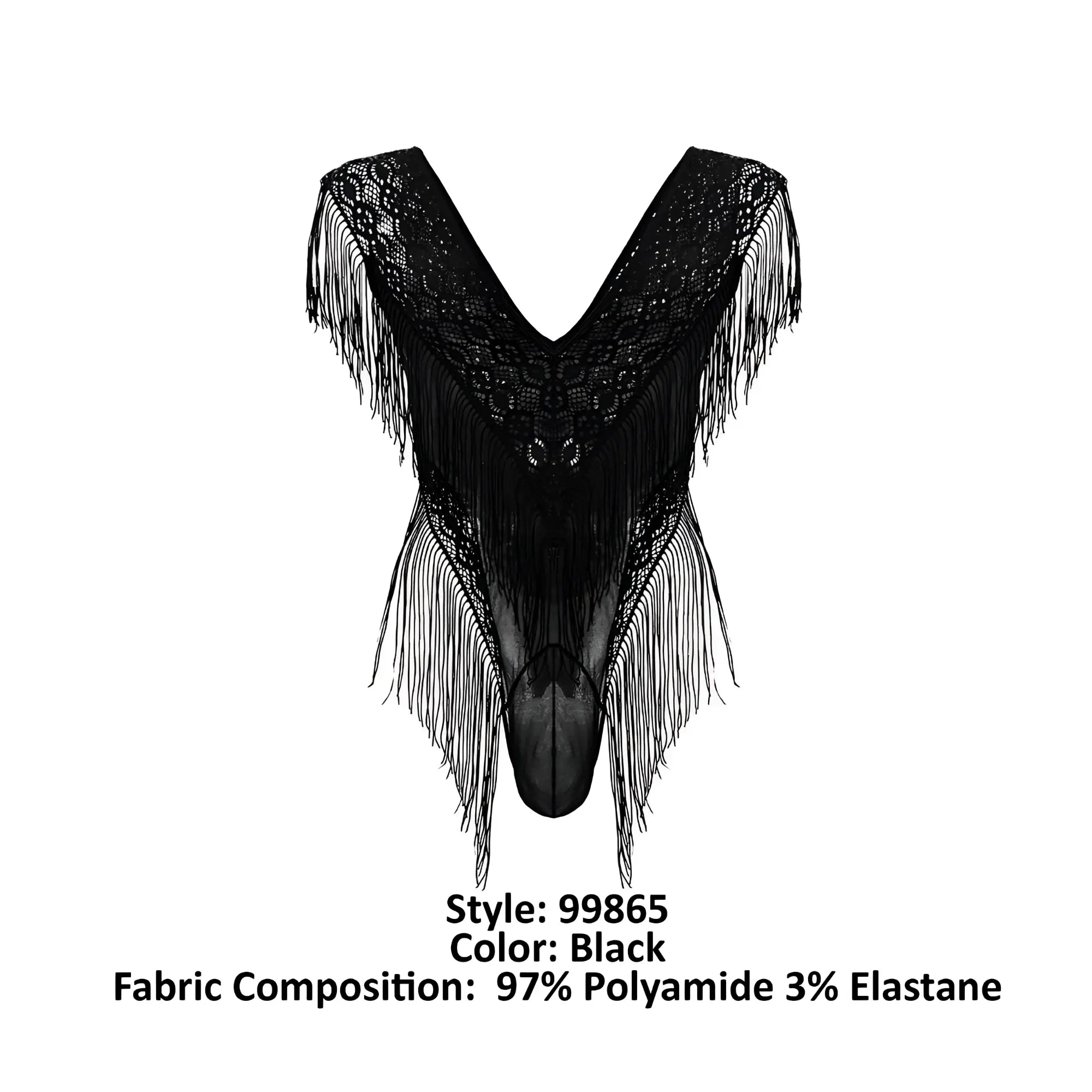 Black lace mesh bodysuit candyMan 99865 with intricate fringed detailing in black color