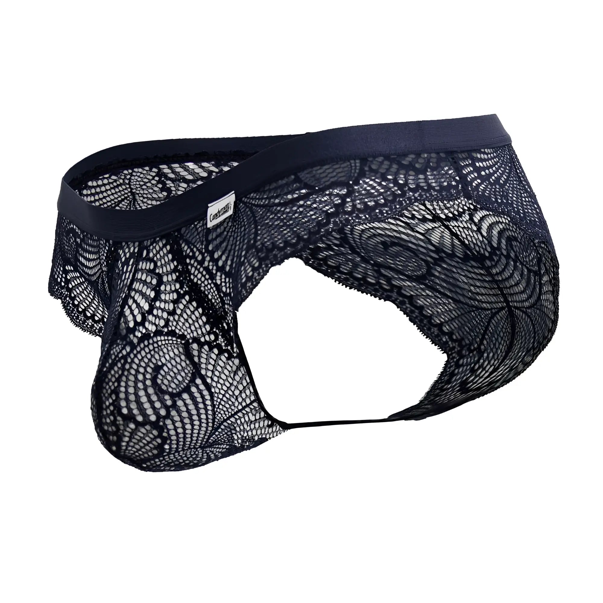 CandyMan 99868 lace briefs in navy featuring black lace with intricate floral pattern and solid elastic waistband