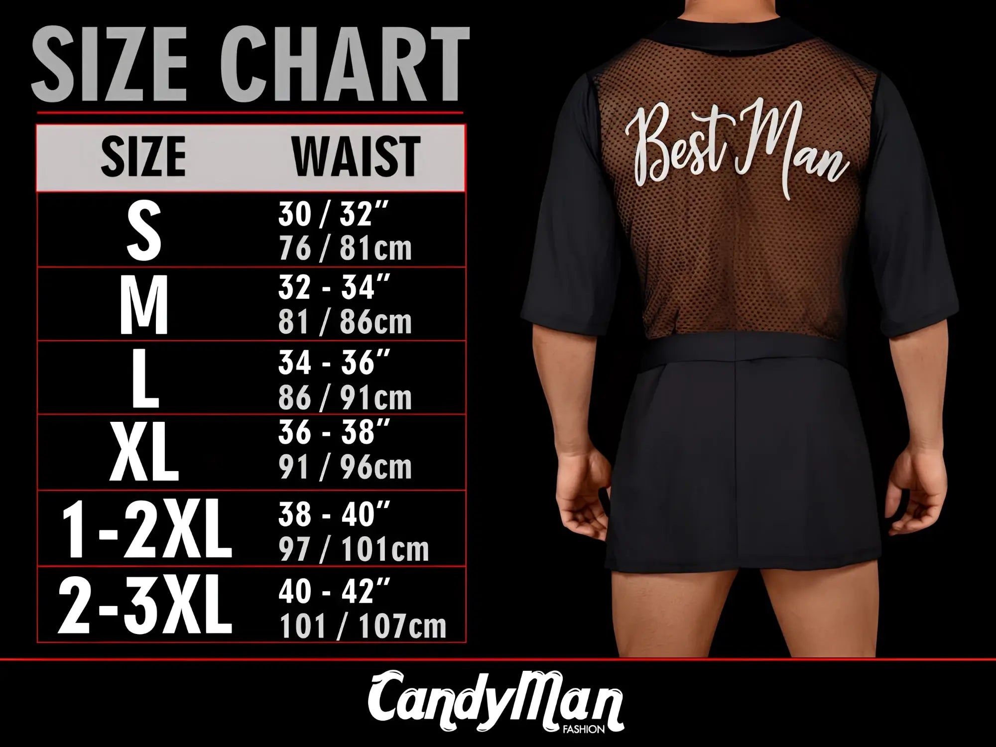Black mesh vest with best man embroidered in white script worn over matching shirt and shorts with navy candyman 99868 lace briefs