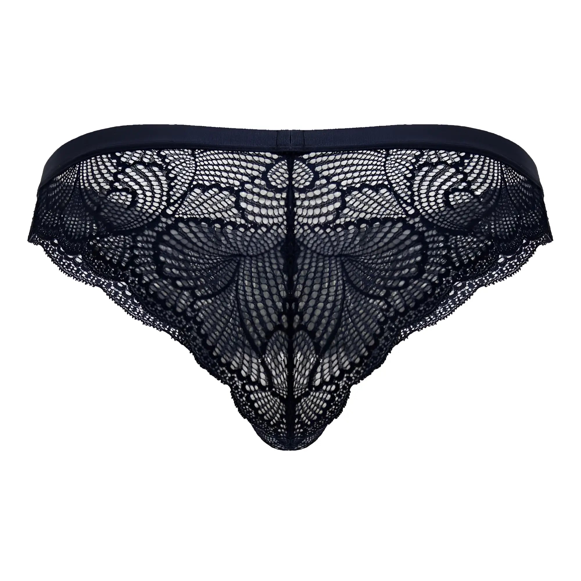 Navy candy man 99868 lace briefs with black lace thong design featuring intricate butterfly pattern and elastic waistband