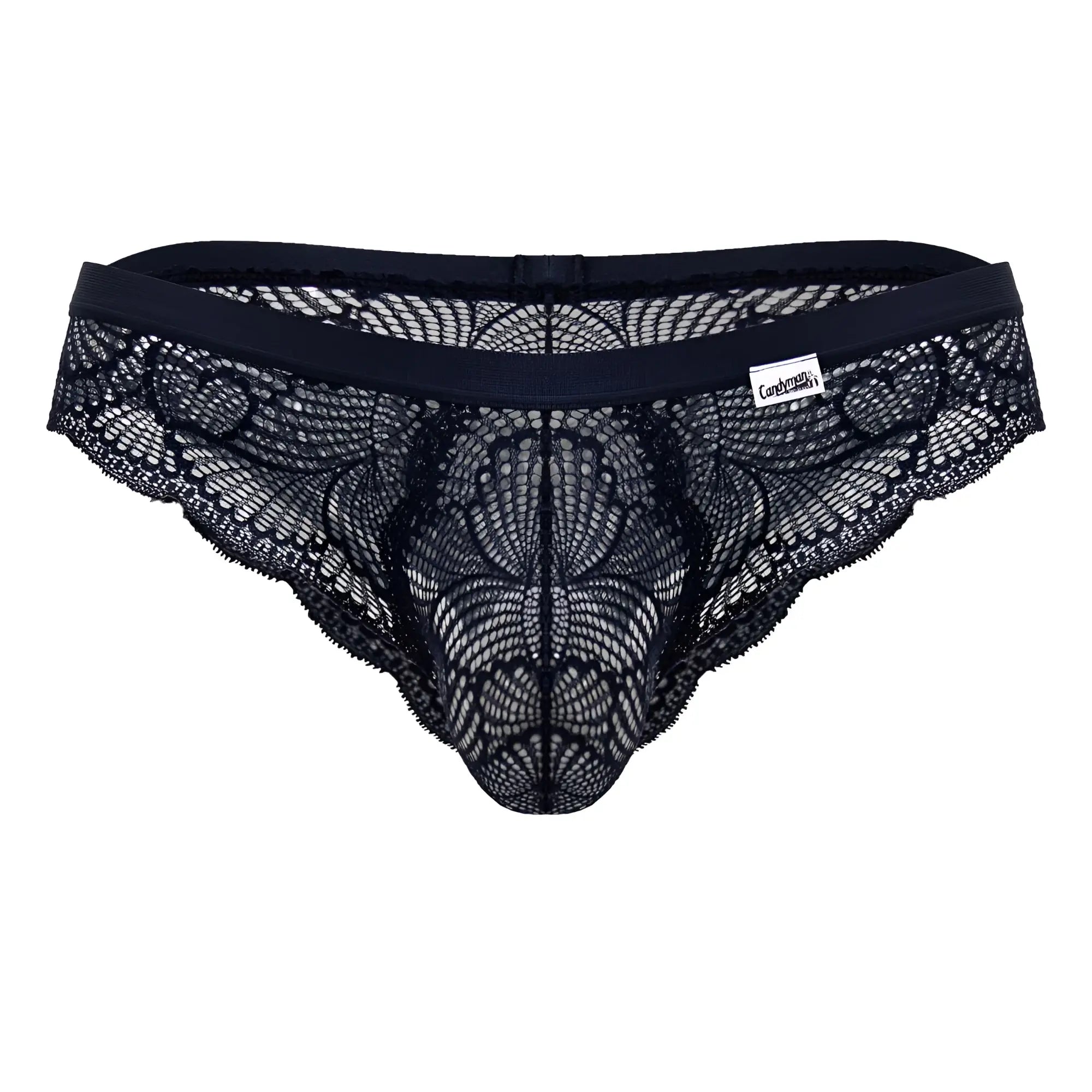 CandyMan 99868 navy lace briefs with intricate floral patterns and a solid elastic waistband for comfortable wear