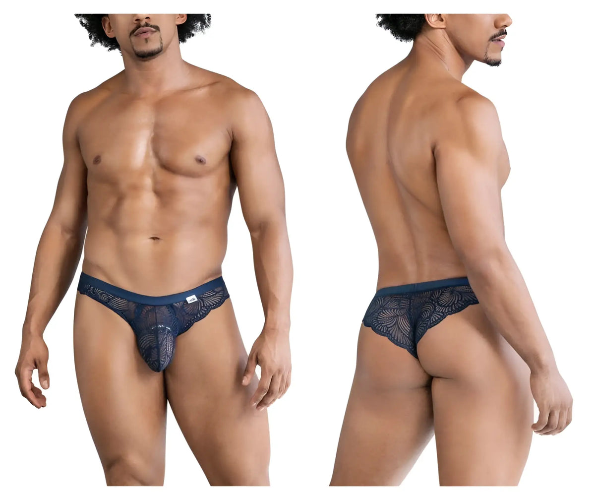 Navy blue lace men’s thong with intricate floral pattern and elastic waistband candyMan 99868 lace briefs
