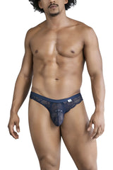 Navy blue lace thong CandyMan 99868 with intricate leaf pattern and solid waistband front view