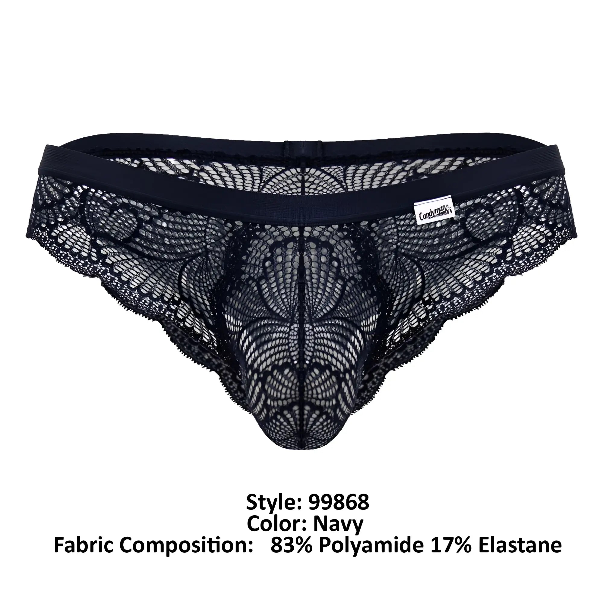 Navy lace thong candy man 99868 with intricate floral patterns and stretchy elastic waistband