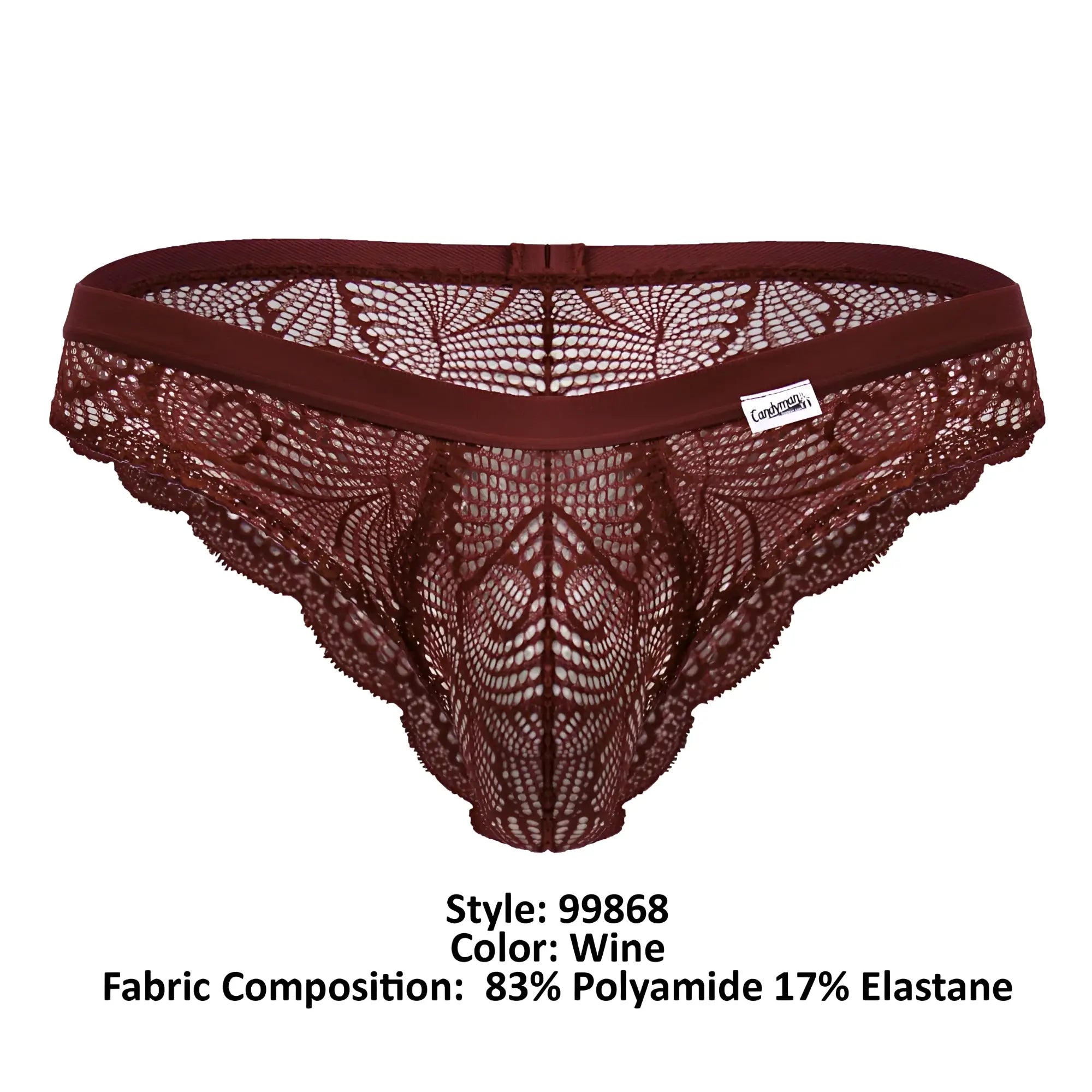 CandyMan 99868 lace briefs wine color thong with floral lace and solid elastic waistband front view